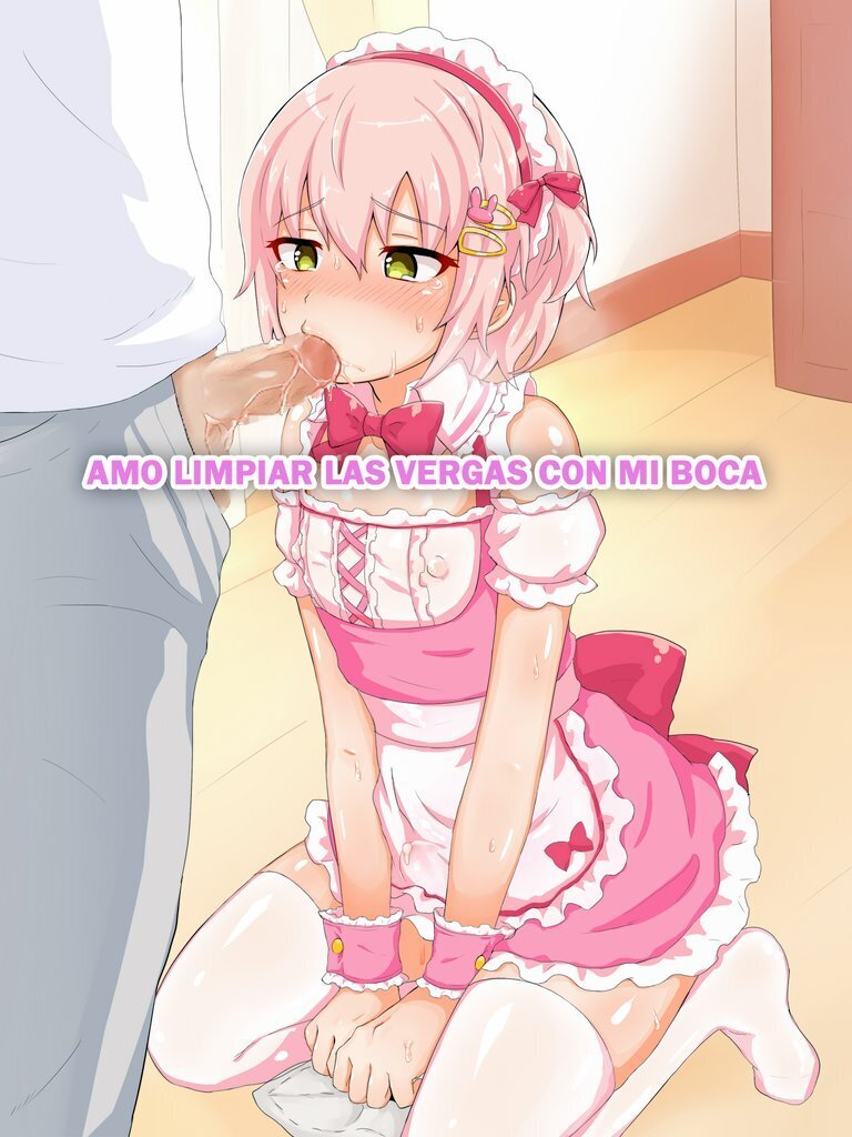 blowjob, femboy, kneehighs, male, precum, saliva, sissy, spanish text