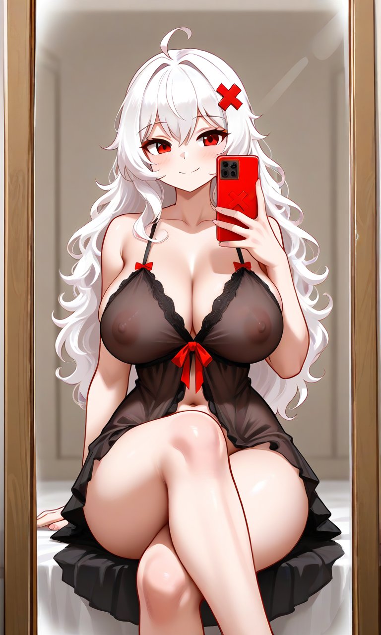 1girls, ahoge, ai generated, alufliniy, breasts, clothed, erispheria, female, female focus, female only, goddess, hair ornament, hi res, high resolution, hourglass figure, huge breasts, legs together, lingerie, mirror, mirror selfie, phone, red eyes, sexy, sexy pose, smile, twitch, virtual youtuber, vtuber, white hair, wide hips, x hair ornament, youtube