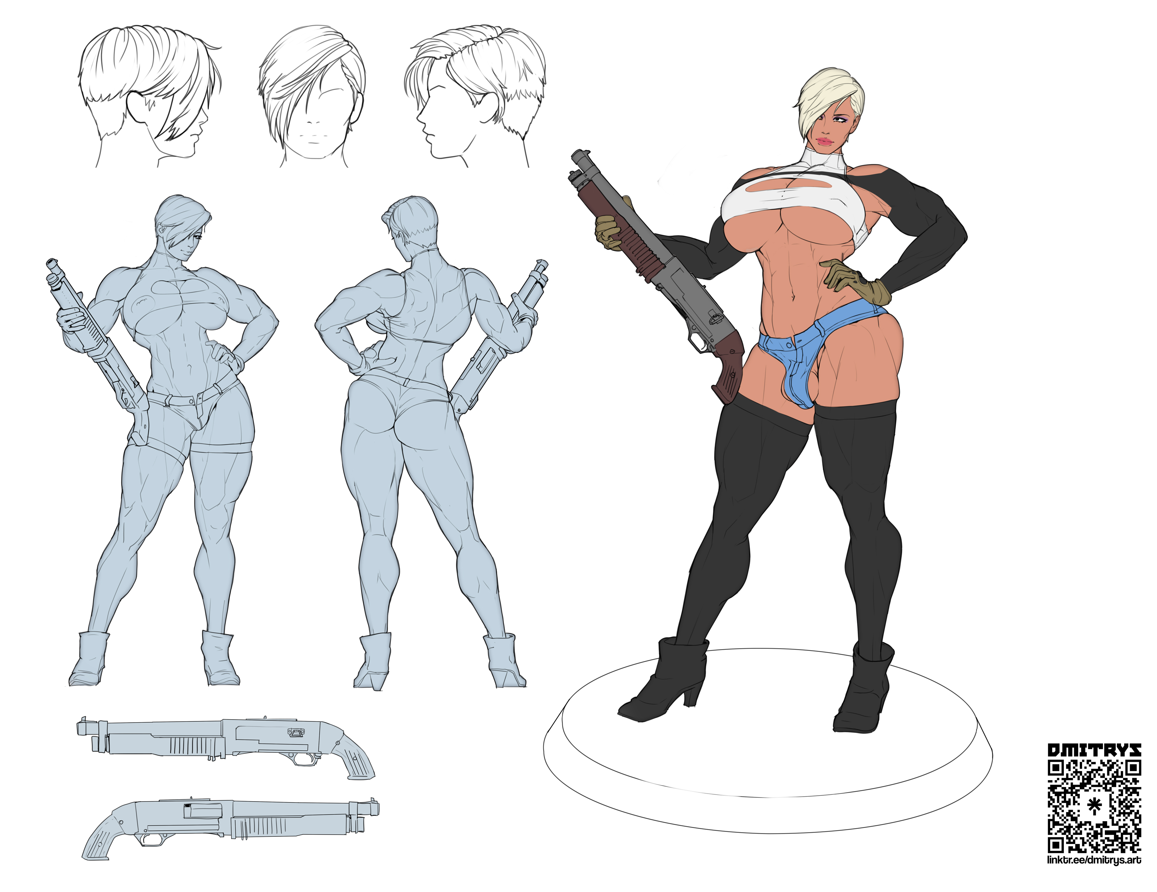 1futa, big breasts, big muscles, blonde, breasts, bulge, bulge through clothing, dmitrys, futa only, futanari, gun, ineffective clothing, intersex, meryl (dmitrys), muscle mommy, muscles, musclular, muscular, muscular futa, short hair, solo