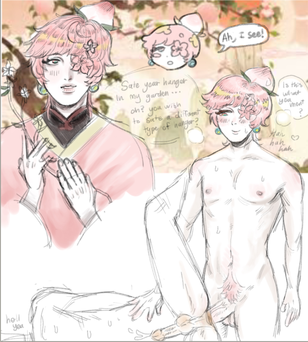2boys, big dick femboy, colored sketch, cookie run, cookie run kingdom, dom femboy, femboy, femboy on male, femboydom, gay, male, peach blossom cookie, penis, pink hair, yaoi