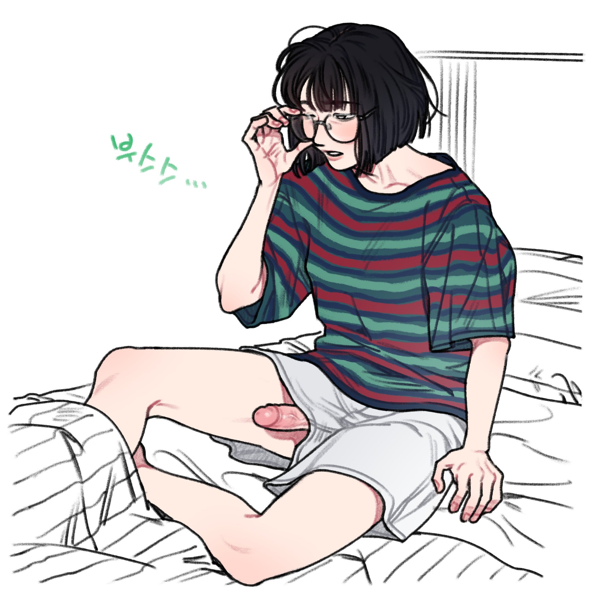 1futa, asian, asian female, black hair, dickgirl, erection, female, futanari, glasses, intersex, korean text, morning wood, penis, penis through leghole, shirt, shorts, tagme, text, unaware, waking up, yuriwomanfuta