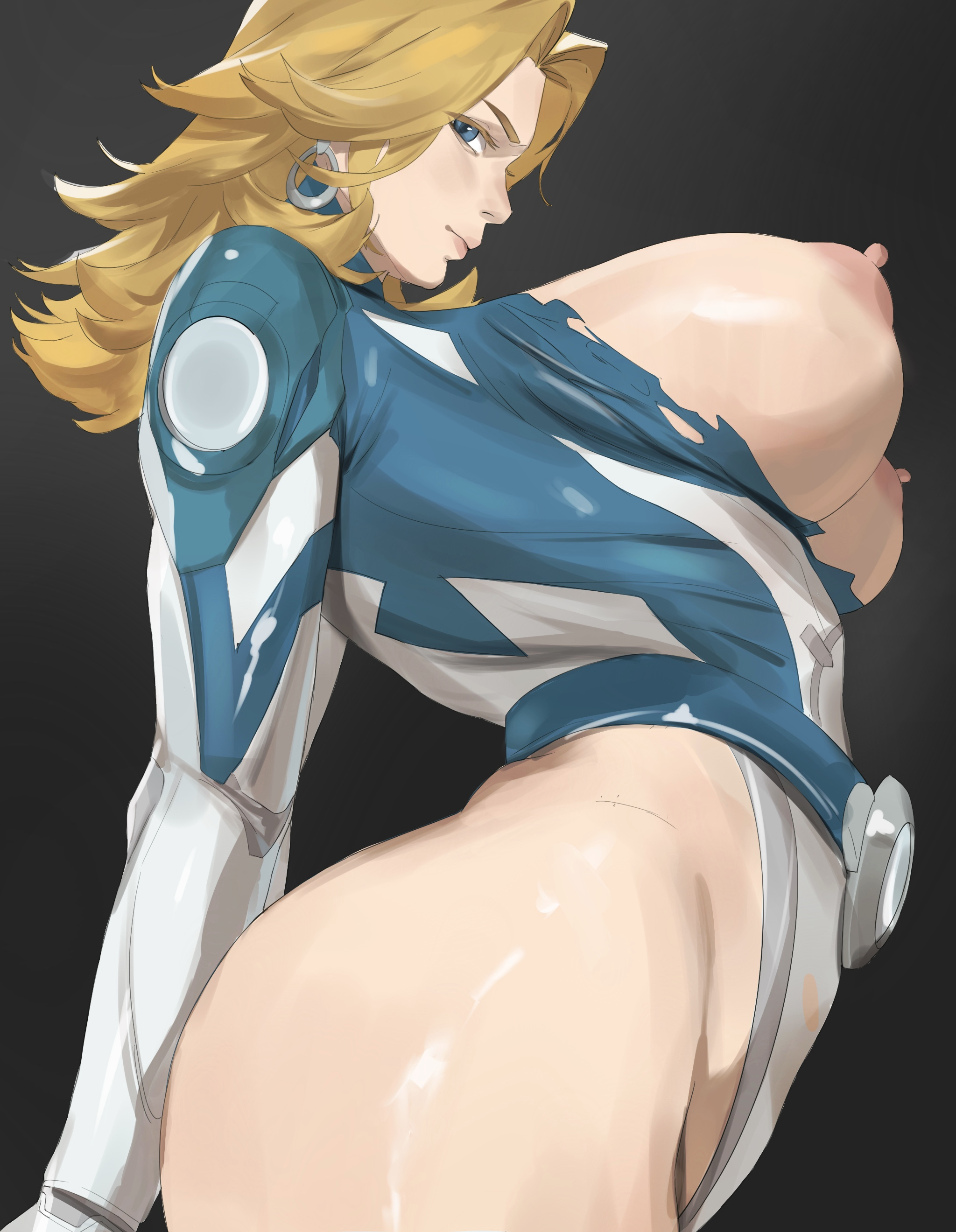 2d, absurdres, arched back, ass, big breasts, black background, blonde hair, blue eyes, bodysuit, breasts, breasts out, closed mouth, commentary, cowboy shot, earrings, fantastic four, female, from side, highleg, highleg leotard, highres, hips, hoop earrings, invisible woman, invisible woman (marvel rivals), jewelry, large breasts, leotard, long hair, looking at viewer, marvel, marvel comics, marvel rivals, multicolored leotard, nipples, sideways glance, simple background, solo, sue richards, sue storm, superhero costume, taiyang yu, torn clothes, torn leotard, two-tone leotard, wide hips
