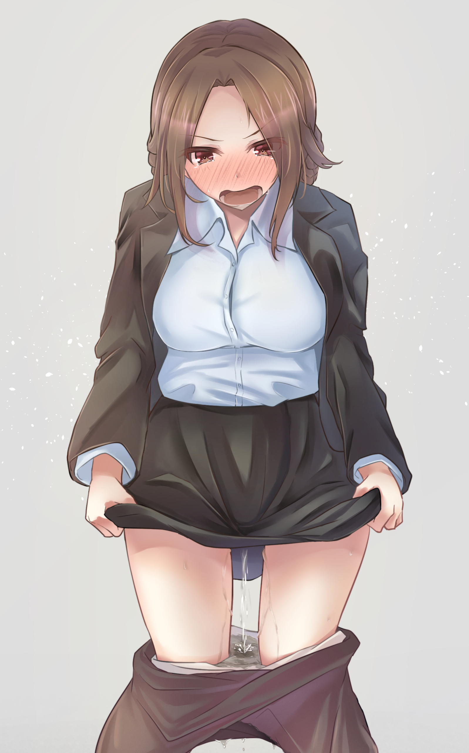 1girls, absurdres, black jacket, black pantyhose, black skirt, blush, braid, bralines, breasts, brown eyes, brown hair, buttons, clothes lift, clothes pull, collared shirt, embarrassed, female, female focus, formal clothes, grey background, hair intakes, highres, jacket, large breasts, lifting own clothes, long hair, long sleeves, looking down, miniskirt, nose blush, office lady, open clothes, open jacket, open mouth, original, panties, panty pull, pantyhose, pantyhose pull, peeing, peeing self, pencil skirt, shirt, shirt tucked in, sidelocks, simple background, skirt, skirt lift, skirt suit, solo, standing, suit, sweat, tears, teeth, tongue, underwear, urine, v-shaped eyebrows, watakarashi, wet, wet clothes, wet panties, white panties