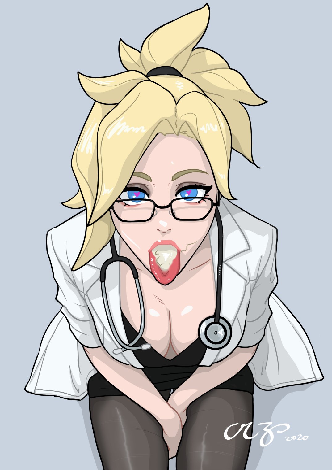 1girls, above view, after sex, argskit, blizzard entertainment, blue eyes, cleavage, clothed, cum, cum in mouth, cum on tongue, doctor, female, heart-shaped pupils, looking at viewer, mercy, overwatch, pubic hair in mouth, simple background, solo, tongue, tongue out
