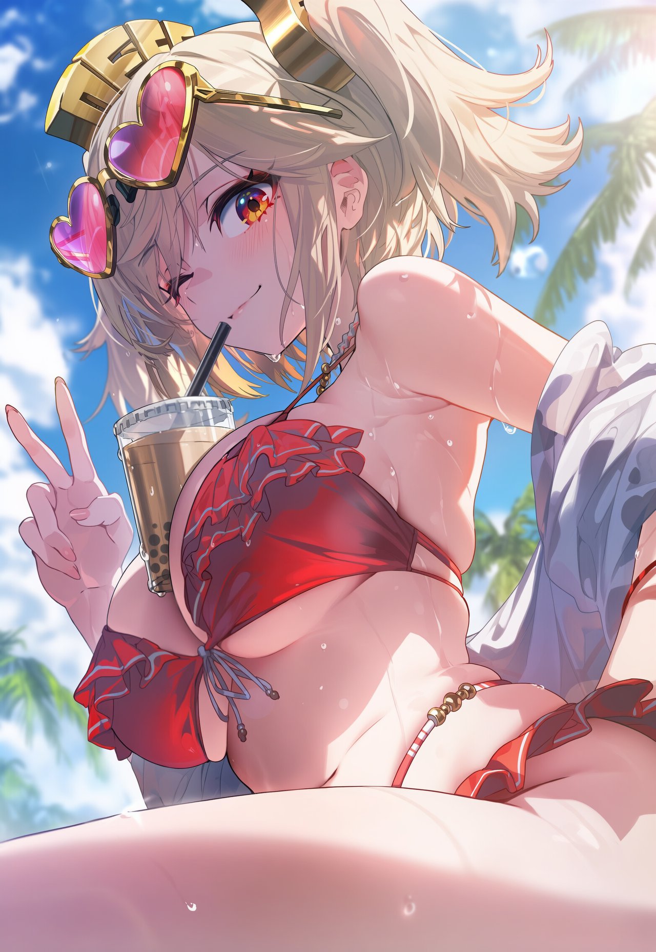 1girls, ai generated, bikini, blonde hair, burnice white, eyewear on head, female, female only, red eyes, swimsuit, tagme, twintails, yuneillusts, zenless zone zero