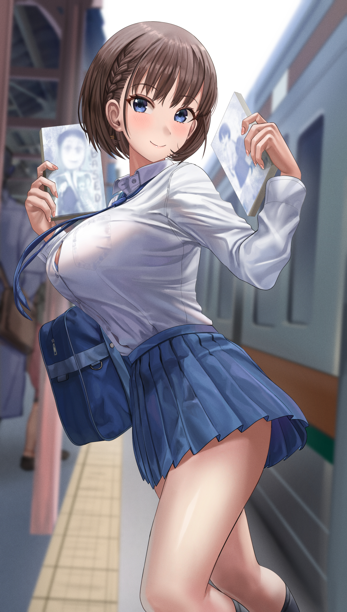 1girls, ai-chan (tawawa), bag, black socks, blue eyes, blue necktie, blue skirt, blush, breasts, brown hair, female, getsuyoubi no tawawa, highres, huge breasts, kneehighs, long sleeves, looking at viewer, necktie, pleated skirt, school bag, school uniform, shirt, short hair, silvertsuki, skirt, socks, solo
