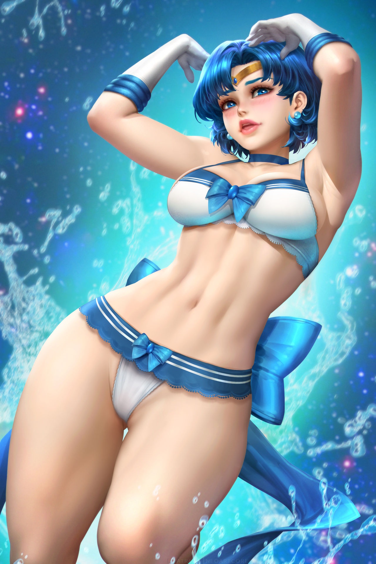 1girls, alternate version available, ami mizuno, bare midriff, bishoujo senshi sailor moon, blue eyes, blue hair, bra, breasts, earrings, earrings only, female, female only, gloves, gloves on, gloves only, lingerie, looking at viewer, neoartcore, panties, posing, revealing clothes, sailor mercury, short hair, small breasts, small panties, solo, solo female, stockings removed, thick thighs, toned, toned female, underwear, water