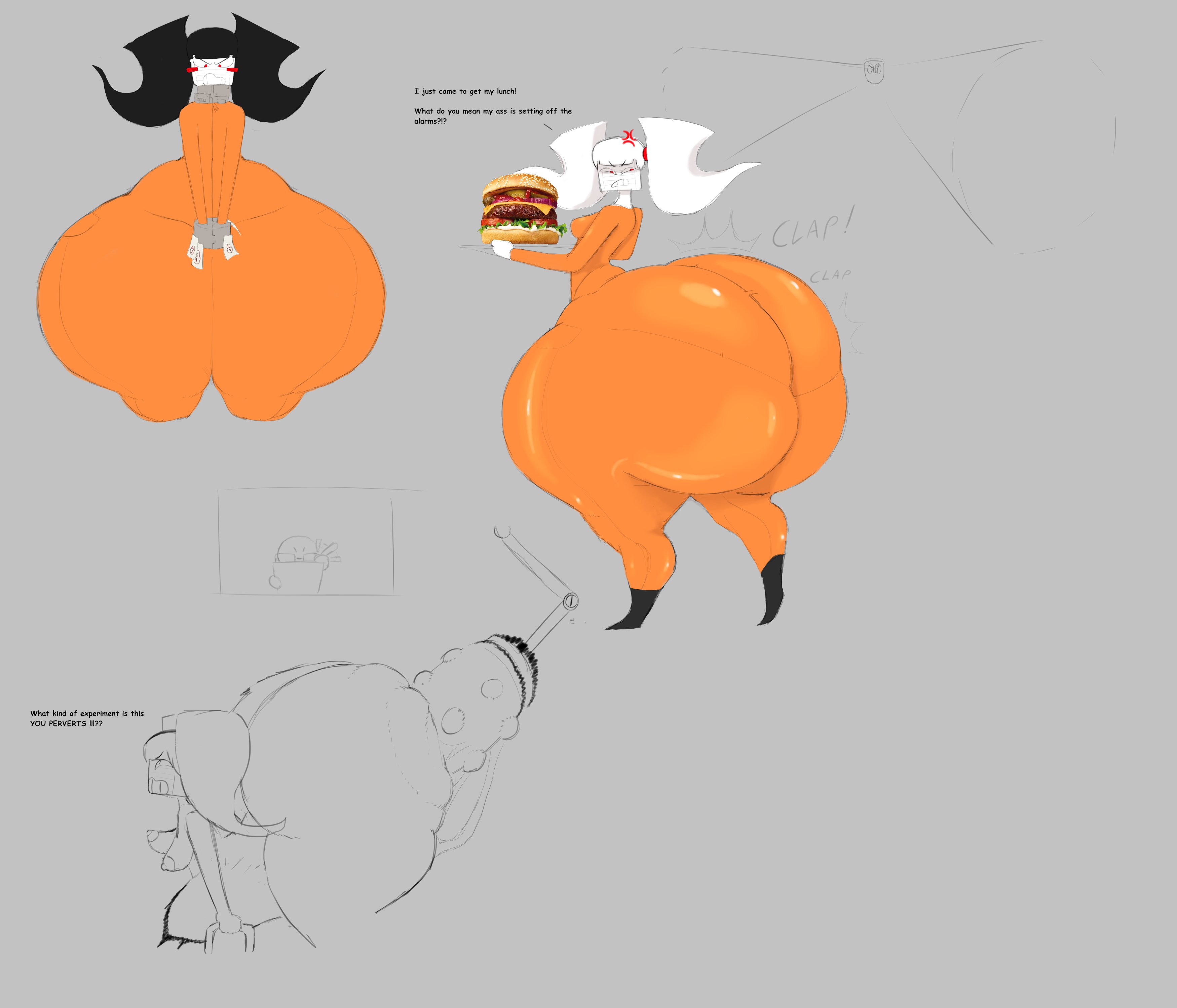 1girls, 2024, alarm, angry, annoyed, annoyed expression, ass, big ass, black hair, blush stickers, bottom heavy, breasts, burger, clapping cheeks, collar, dildo, english text, experimentation, fat ass, female, female focus, female prisoner, gigantic ass, grey background, handcuffed, handcuffs, handlebars, holding tray, huge ass, hyper ass, involuntary twerking, kami (onomatopoeiaono), large ass, light skin, light-skinned female, looking at viewer, looking back, mamimibuns, nude, nude female, oc, onomatopoeiaono, original, original character, pale skin, pale-skinned female, penetration, prison uniform, prisoner, questionable consent, sketch, small breasts, solo, solo focus, struggling, text, thick thighs, too big, twintails, white hair, wide hips, yokai