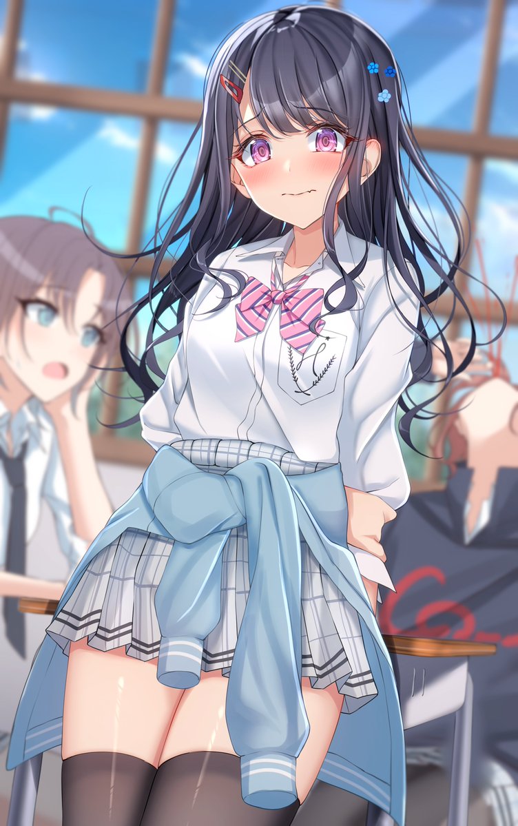 3girls @_@ alternate_costume alternate_hairstyle aroused_nosebleed asakura_toru black_hair blood blue_eyes blurry blurry_background blush bow bowtie breast_pocket brown_hair classroom clothes_around_waist collarbone collared_shirt commentary_request cowboy_shot desk dress_shirt fukumaru_koito gyaru hair_ornament hairclip higuchi_madoka hood hoodie idolmaster idolmaster_shiny_colors indoors kogal kunimine_yuzuki long_hair looking_at_viewer loose_bowtie miniskirt multiple_girls necktie nosebleed pantyhose plaid_clothes plaid_skirt pleated_skirt pocket purple_eyes red_hair school_uniform shirt short_hair skirt solo_focus standing sweater sweater_around_waist thighhighs wavy_mouth white_shirt zettai_ryouiki
