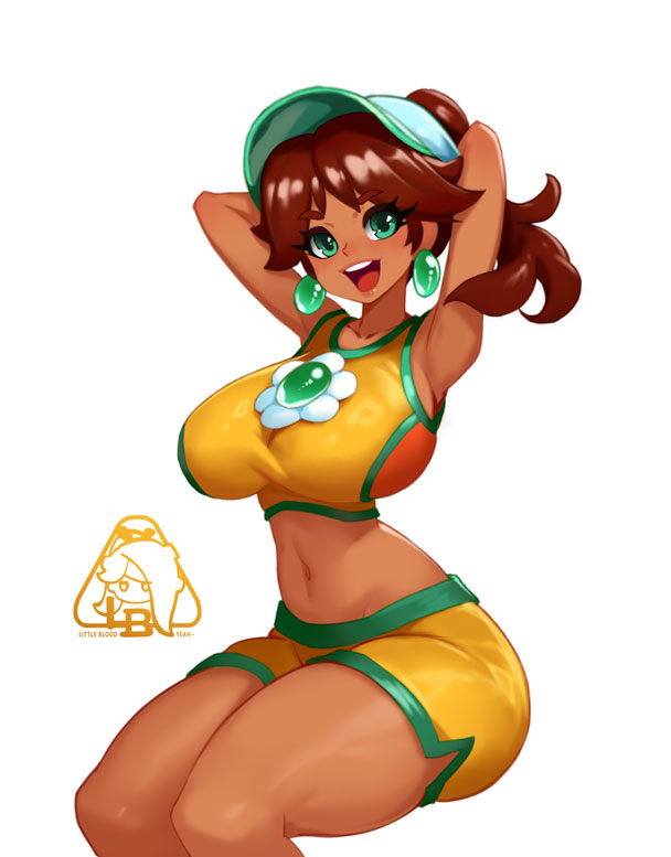 1girls, alternate costume, blue eyes, breasts, brown hair, earrings, female, large breasts, little blood, mario (series), mario kart, mario kart world, nintendo, official alternate costume, open mouth, ponytail, princess daisy, princess daisy (swimwear), short hair, simple background, sitting, solo, solo female, solo focus, thick thighs, thighs, tongue, visor, visor cap, white background