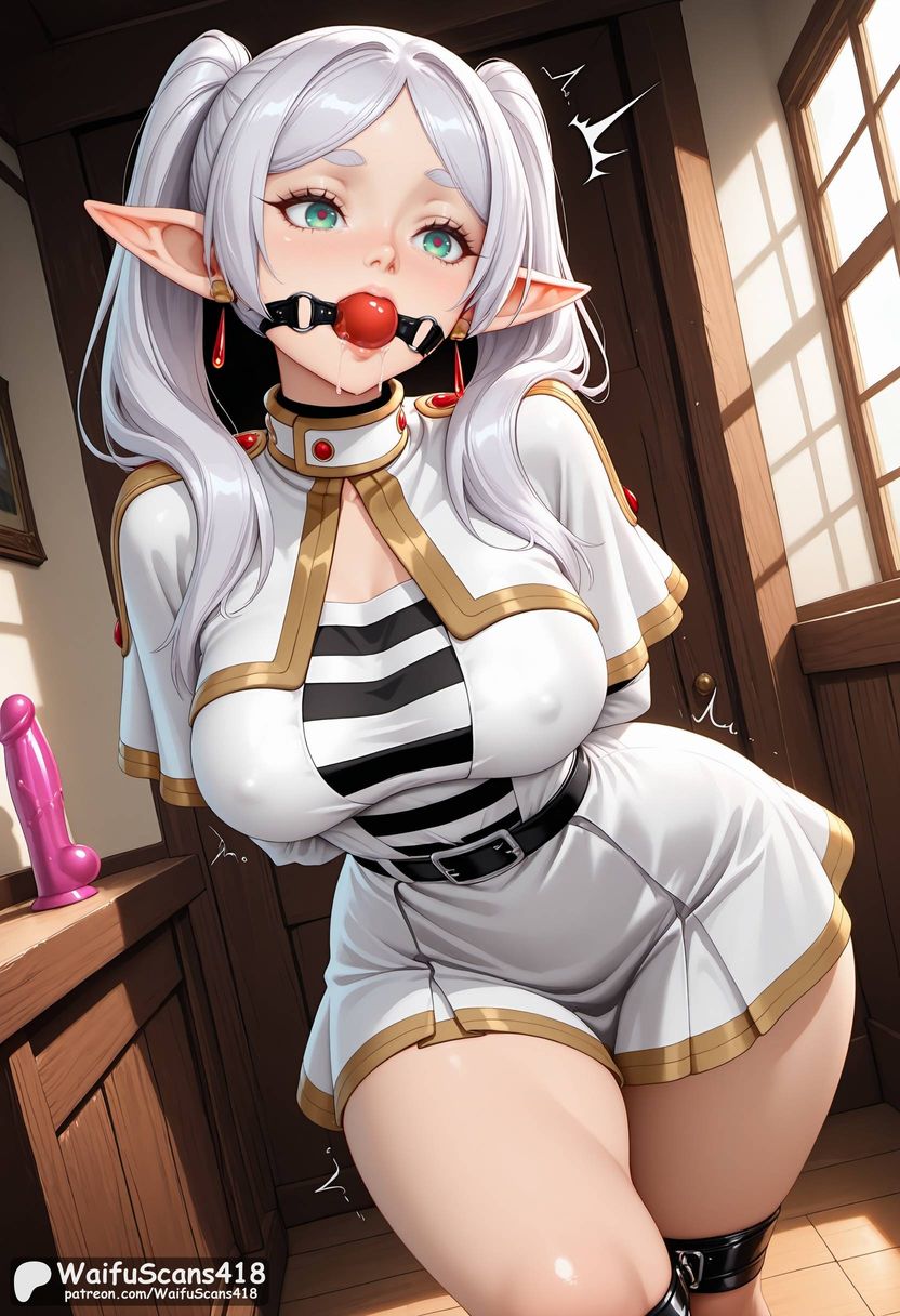 ai generated, arms behind back, ball gag, belt, blush, bondage, bound, breasts, covered nipples, dildo, drooling, earrings, elf, female, frieren, frieren beyond journey's end, gag, gagged, green eyes, heart, heart-shaped pupils, high resolution, highres, indoors, jewelry, large breasts, long hair, patreon username, pointy ears, restrained, saliva, sex toy, solo, sousou no frieren, stable diffusion, striped, striped shirt, symbol-shaped pupils, thighs, twintails, vibrator, waifuscans418, white hair