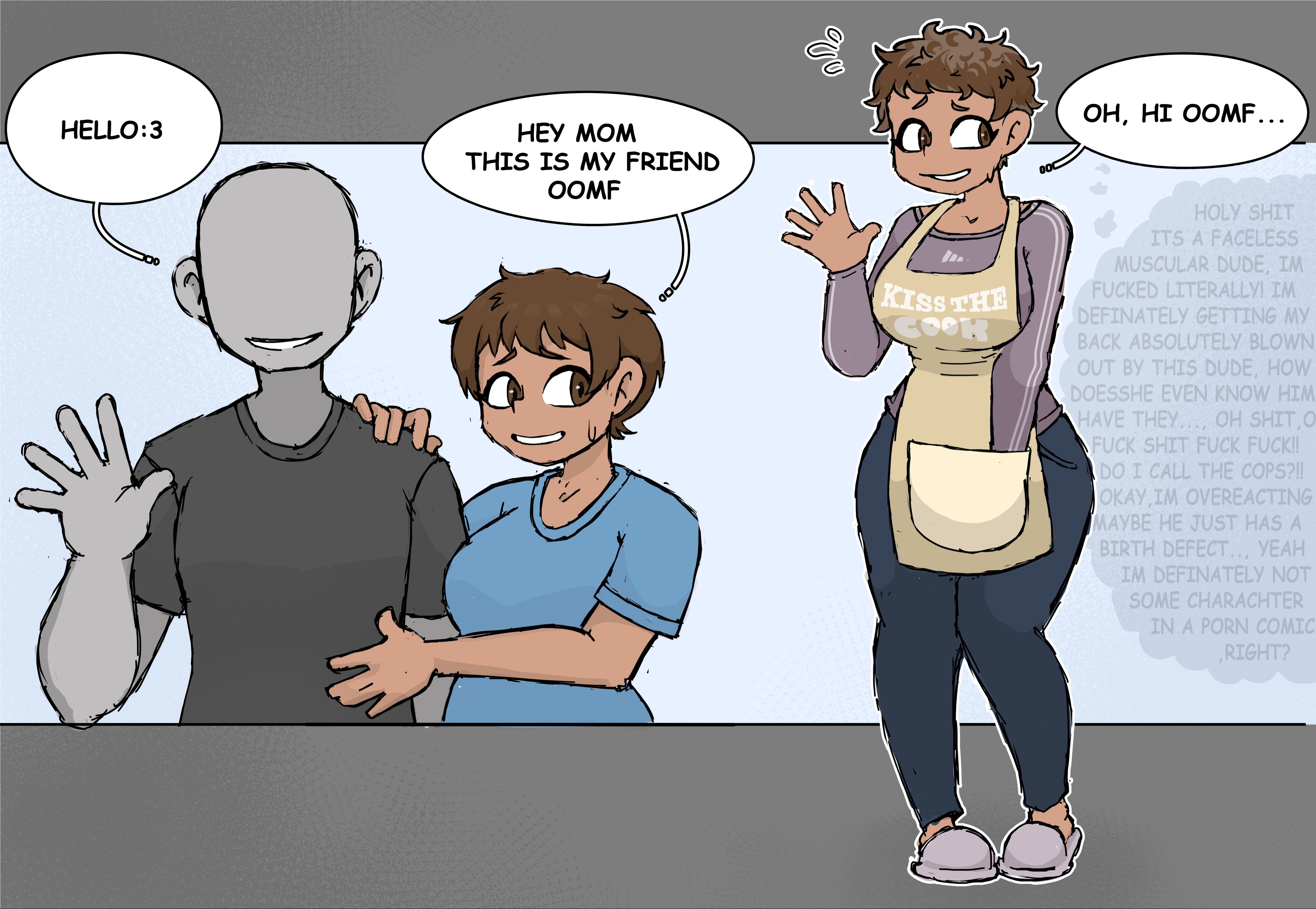1boy, 2girls, 4th wall breaking, apron, baecohn, big breasts, brown hair, clothed, clothing, color, comic, dark-skinned female, dialogue, english text, existential crisis, faceless male, female, female focus, fully clothed, grey body, human, human only, imminent sex, looking away, male, milf, mother, nervous, nervous smile, original, original character, self aware, simple background, sophia (baecohn), sophia's mom (baecohn), sweat, tan body, tan skin, text, twitter link, yuru chara
