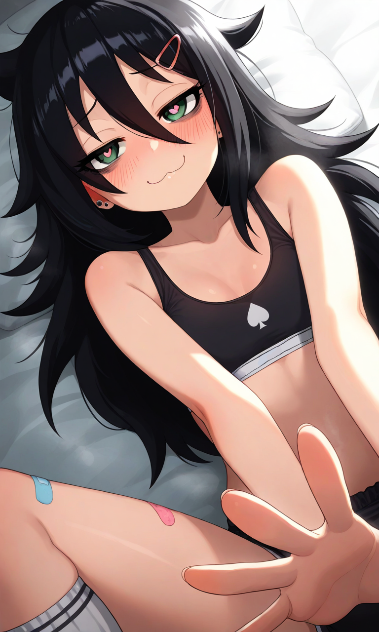 :3, 1girls, ai generated, bandaid, bed, bed sheet, bedroom, black clothing, black hair, black topwear, blacked, blacked clothing, blush, breasts, clothed, clothed female, clothing, cute, cute expression, cute face, dynamic angle, ear piercing, earrings, eyebrows raised, female, female focus, female human, female only, green eyes, hair between eyes, hair ornament, hairclip, heart eyes, heart-shaped pupils, highres, human, human female, human only, indoors, inviting, inviting to bed, inviting viewer, kuroki tomoko, long hair, looking at viewer, messy hair, on back, on bed, petite, petite body, petite breasts, petite female, pierced ears, qos, qos clothing, queen of spades, skinny, skinny female, small breasts, smug, snowbunny, socks, spade, sports bra, sports shorts, viewed from above, viewer pov, watashi ga motenai no wa dou kangaetemo omaera ga warui!