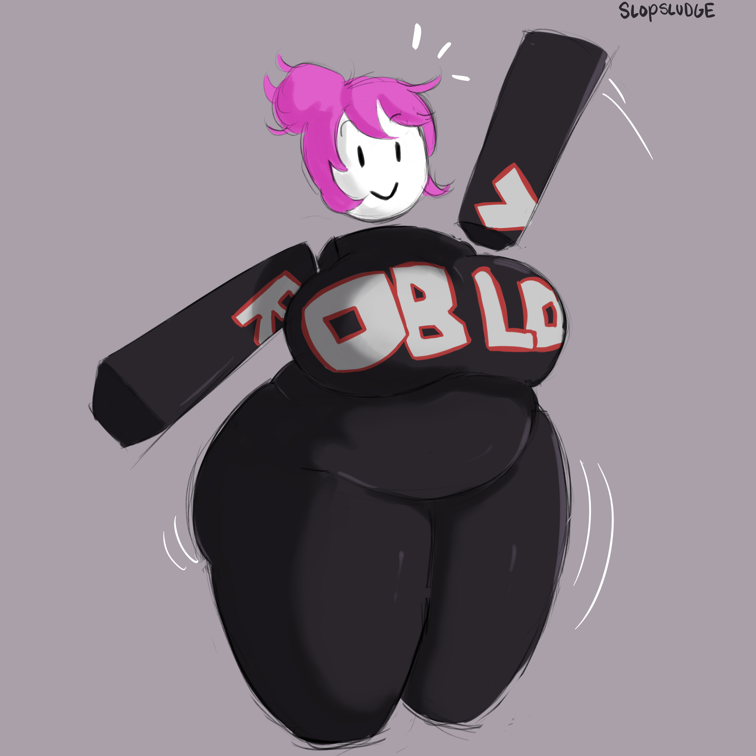 1girls, 2d, 2d (artwork), artist name, ass, bbw, big ass, big breasts, big thighs, black clothing, blocky body, breasts, chubby, chubby female, clothed, female, guest (roblox), hair bun, happy, huge breasts, large ass, large breasts, motion lines, pink hair, plump, roblox, robloxian, slopsludge, smile, tagme, thick thighs, thighs, watermark, waving, white skin