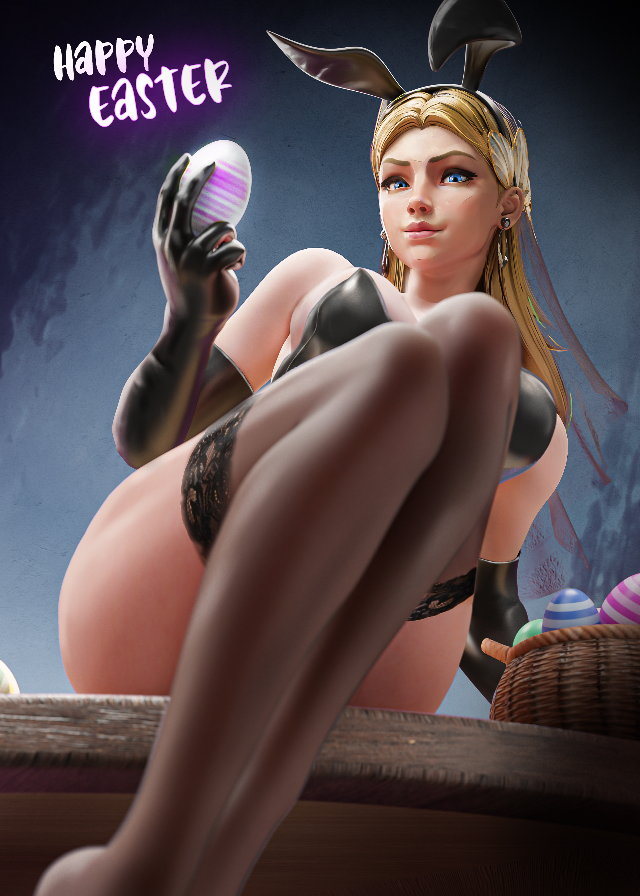 1girls, 3d, blonde hair, bunny ears, easter, fantastic four, female, female focus, female only, happy easter, invisible woman, invisible woman (marvel rivals), invisible woman (the life fantastic), jokar, lingerie, marvel, marvel comics, marvel rivals, sue storm, thick thighs