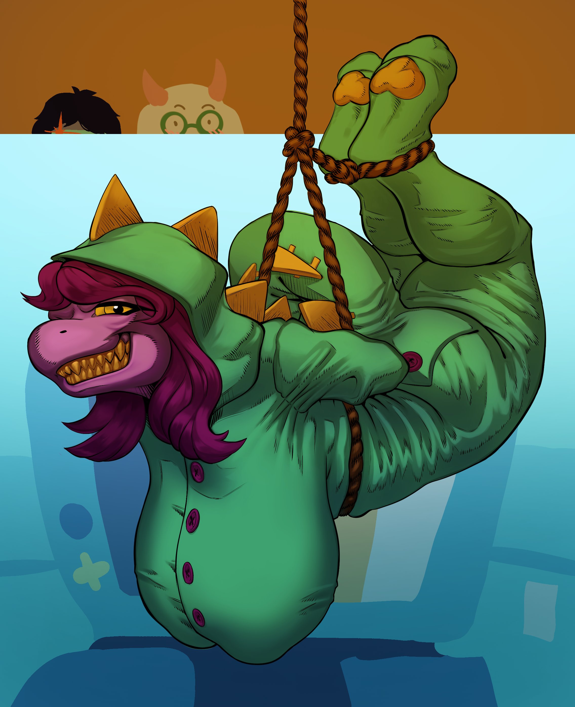 1girls, ass, big breasts, bondage, breasts, breasts bigger than head, buttons, clothed, clothed female, clothing, deltarune, deltarune chapter 3, dinosaur, female, hanging breasts, kris (deltarune), long hair, lugen kobold, pajamas, purple hair, purple skin, ralsei, rope, rope bondage, susie (deltarune), susiezilla, suspension, teeth, tied up, undertale (series)