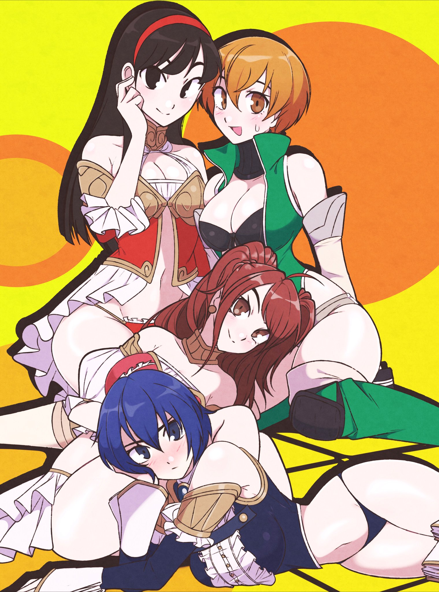 4girls, absurdres, amagi yukiko, arabian armor (persona), armor, babydoll, bikini armor, black hair, blue hair, blush, breasts, brown hair, cleavage, coronet armor (persona), detached sleeves, female, fighter armor (persona), hairband, harem, high-cut armor (persona), highres, jeffmiga, kujikawa rise, large breasts, lingerie, looking at viewer, magical armor (persona), multiple females, multiple girls, navel, official alternate costume, panties, persona, persona 4, satonaka chie, sexy pose, shirogane naoto, stomach, sweatdrop, thighhighs, underwear