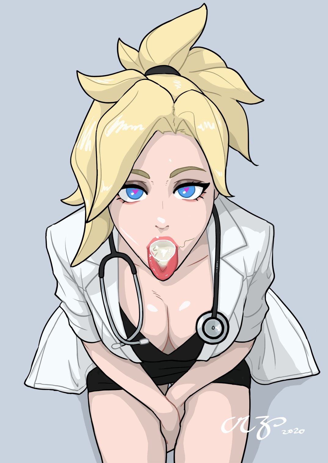 1girls above_view after_sex argskit blizzard_entertainment blue_eyes cleavage clothed cum cum_in_mouth cum_on_tongue doctor heart-shaped_pupils looking_at_viewer mercy overwatch simple_background sitting solo stethoscope tongue_out