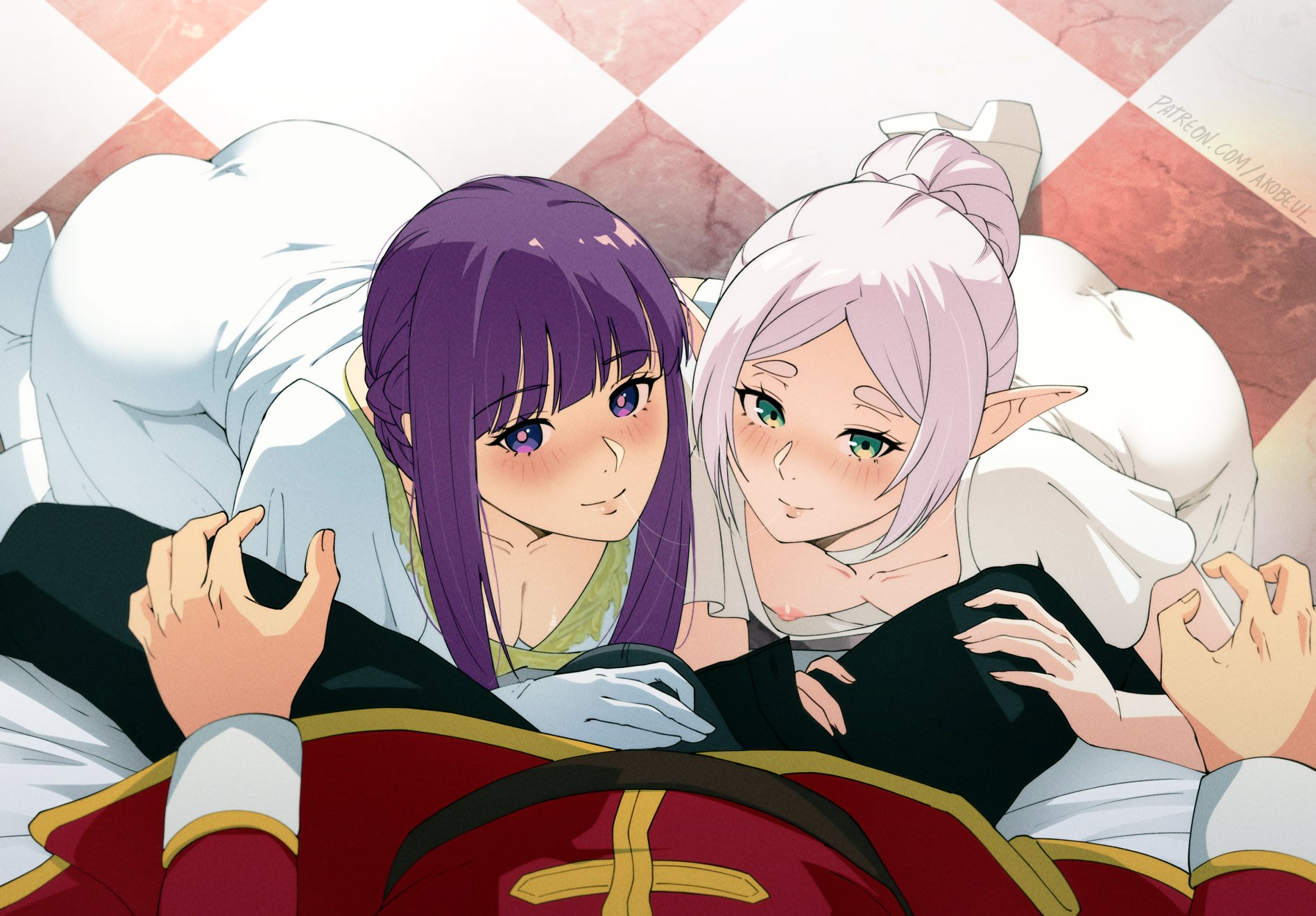 1boy, 2girls, akobeul, ass, blush, breasts, bulge, cleavage, downblouse, dress, elf, elf ears, elf female, erection, erection under clothes, female, fern (sousou no frieren), frieren, gloves, green eyes, highres, human, human female, human male, imminent oral, large breasts, light-skinned female, looking at viewer, male, male human/female elf, multiple females, multiple girls, nipples, no bra, pointy ears, purple eyes, purple hair, small breasts, smile, sousou no frieren, stark (sousou no frieren), white dress, white gloves, white hair