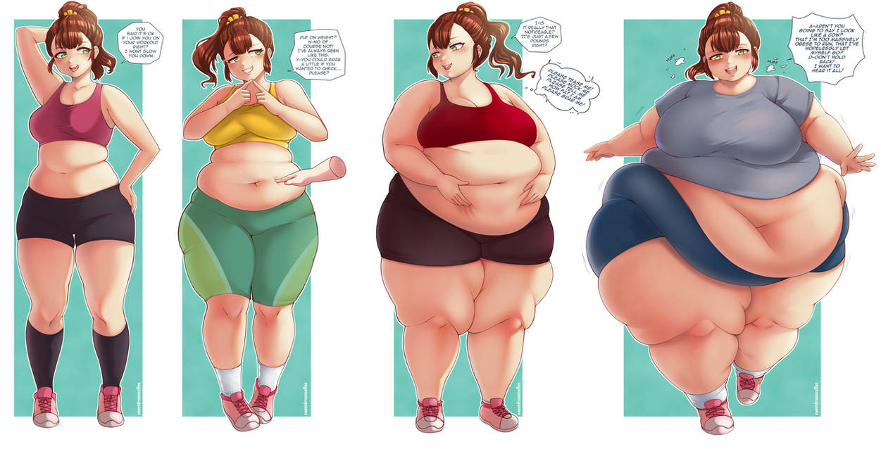 comic comic_strip fat_rolls fat_shaming female huge_belly huge_hips huge_thighs massive_belly monologue morbidly_obese_female oc secretly_loves_it smiling sweetcoffeedream tagme thinking tight_clothing weight_gain