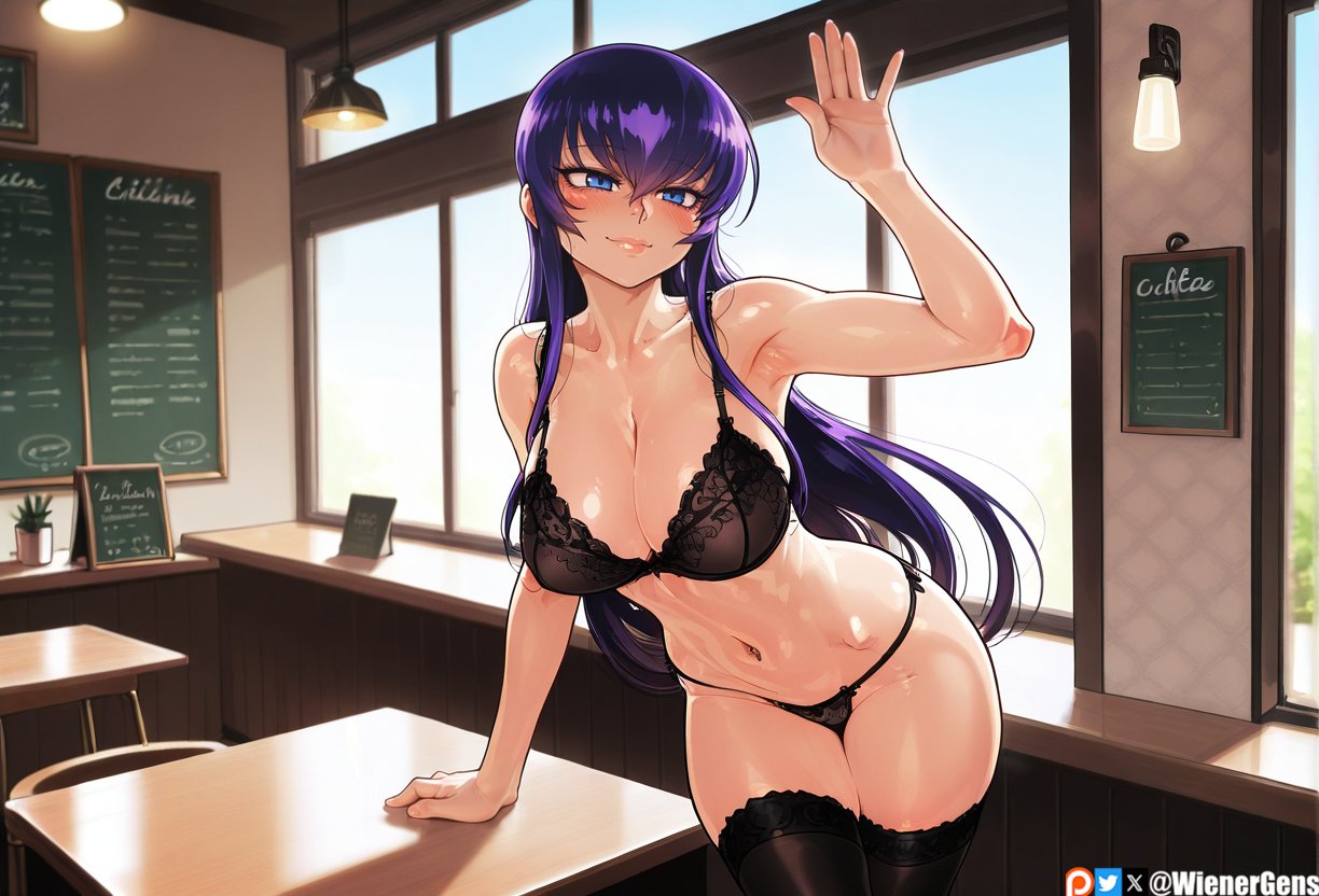 1girl ai_generated armpit blue_eyes blush coffee_shop color female hi_res highschool_of_the_dead huge_breasts light-skinned_female lingerie patreon purple_hair saeko_busujima smiling solo_focus tagme thick_thighs thighhighs toned_female uncensored wide_hips wienergens