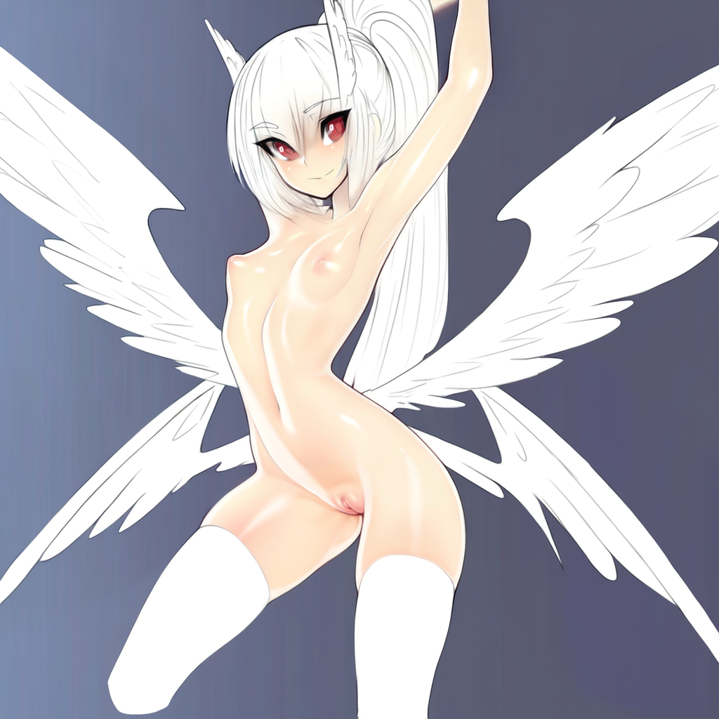 4_wings ai_generated arched_back arms_above_head clitoris completely_nude feathered_wings female female high_ponytail hip_wings innie_pussy linea_alba long_hair navel petite red_eyes simple_background small_breasts solo standing straight_hair thighhighs three-quarter_portrait white_hair zorkpics