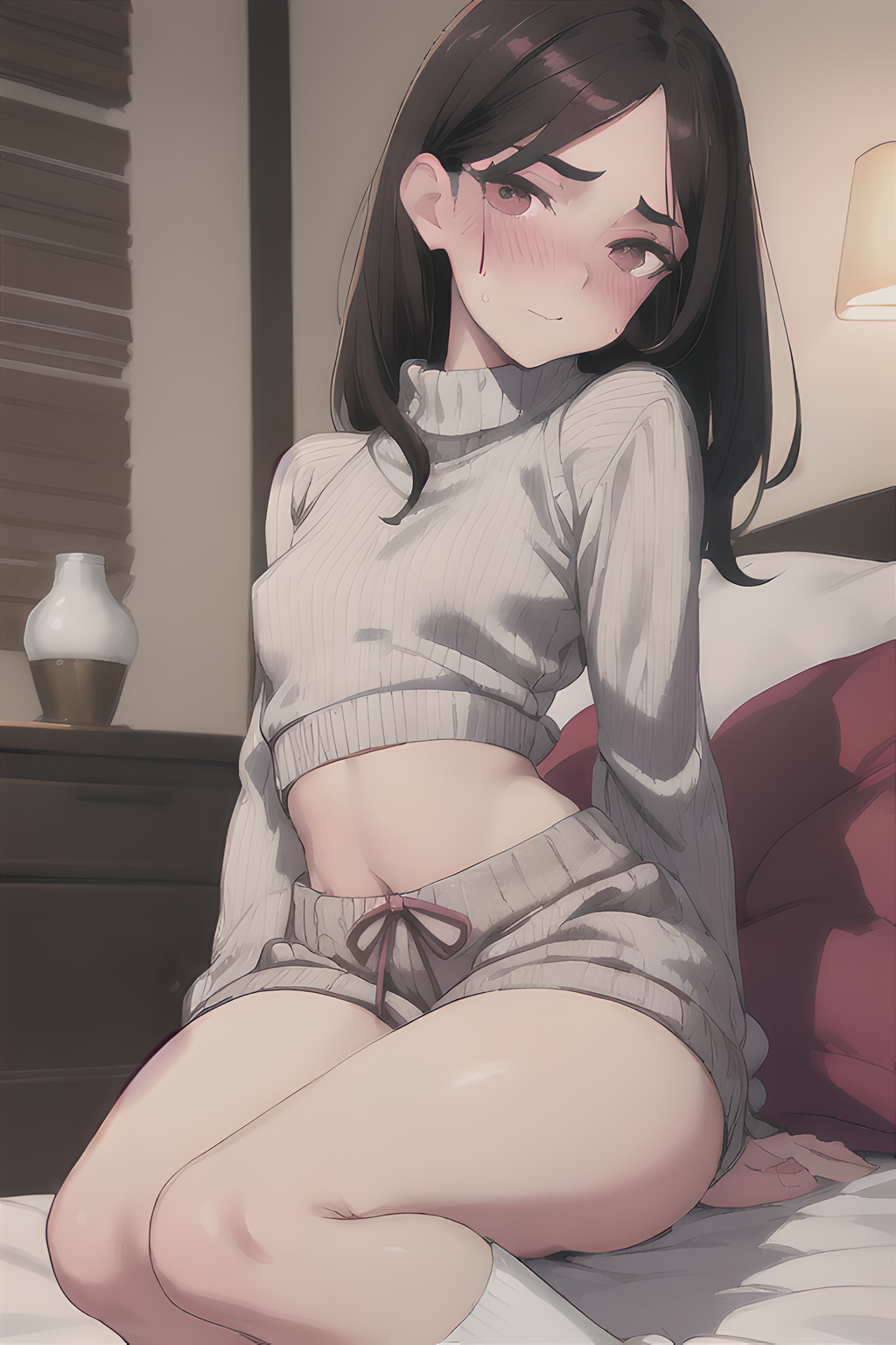 ai_generated aroused bare_thighs bedroom belly_button blush braless brown_eyes brown_hair crop_top female looking_at_viewer seductive shorts shy stable_diffusion sweater white_socks