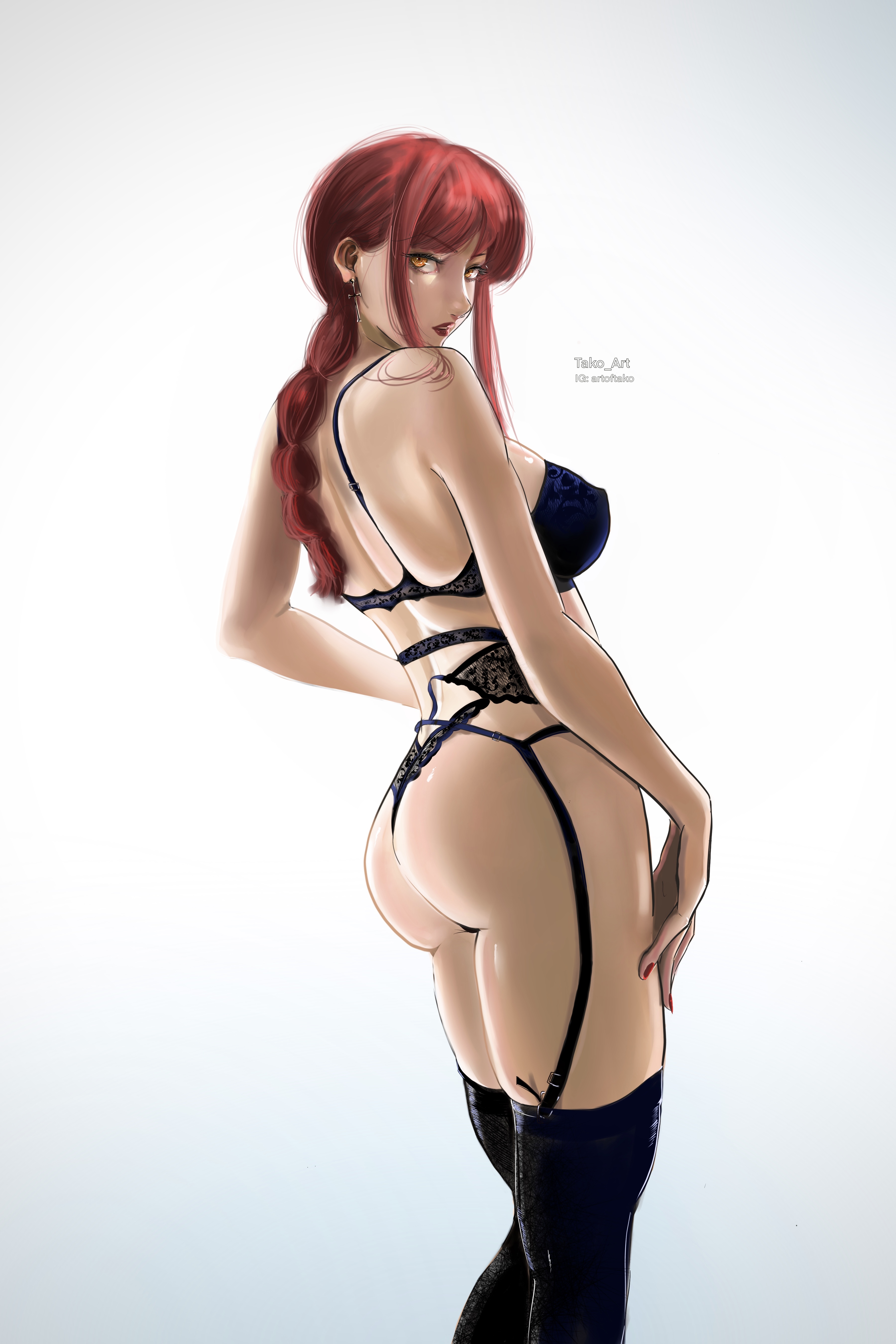 1girls, 2021, ass, bare shoulders, black bra, black garter belt, black garter straps, black legwear, black underwear, bra, braid, breasts, chainsaw man, earrings, female, female focus, female only, garter belt, garter straps, legwear, lipstick, looking at viewer, looking back, makima (chainsaw man), nail polish, nails, nipple bulge, panties, red hair, red lips, red lipstick, red nail polish, red nails, red-haired female, simple background, solo, solo female, takart, tako art, underwear, white background, yellow eyes