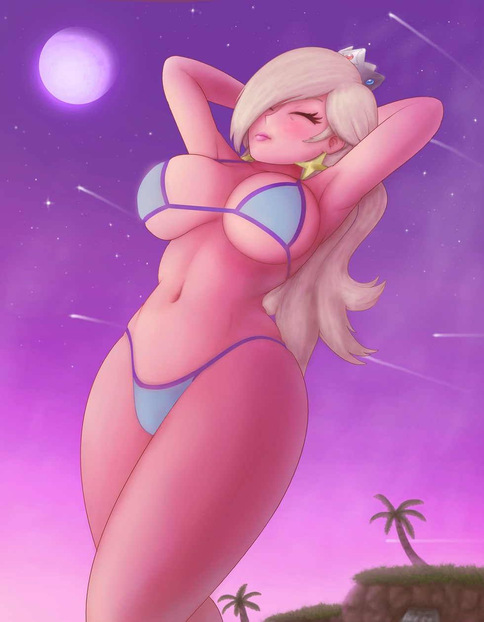 1girls armpits big_thighs crown curvy eyes_closed huge_breasts light_blue_bikini long_hair mario_(series) moon moonlight nintendo pale-skinned_female pale_skin pink_mouth platinum_blonde_hair princess princess_rosalina purple_sky saf-404 saf_404 safartwoks safartworks star_earrings super_mario_galaxy tagme thick_thighs