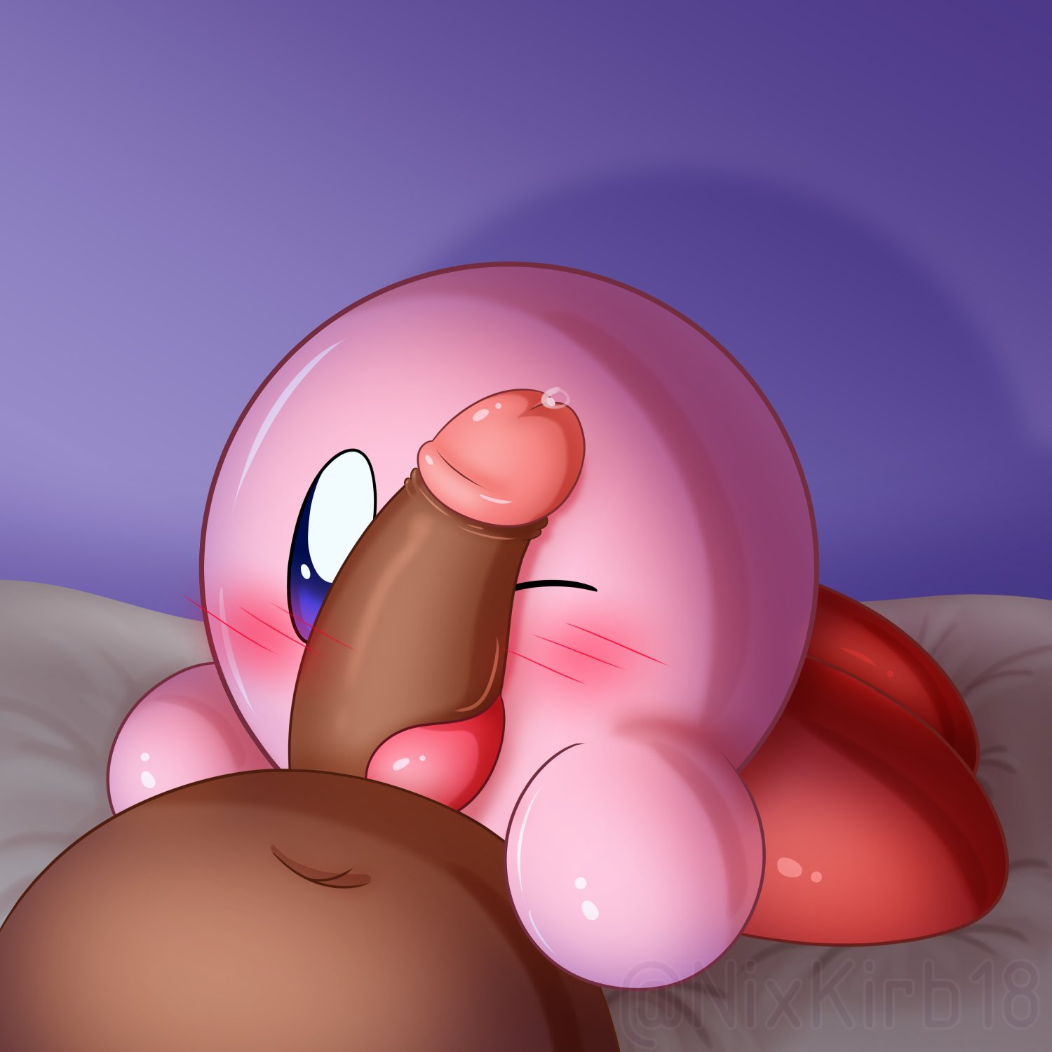 2023 bedroom black_male blowjob blue_eyes blush blush_lines chibi erection kirby kirby_(series) licking nintendo nixkirb18 penis pink precum