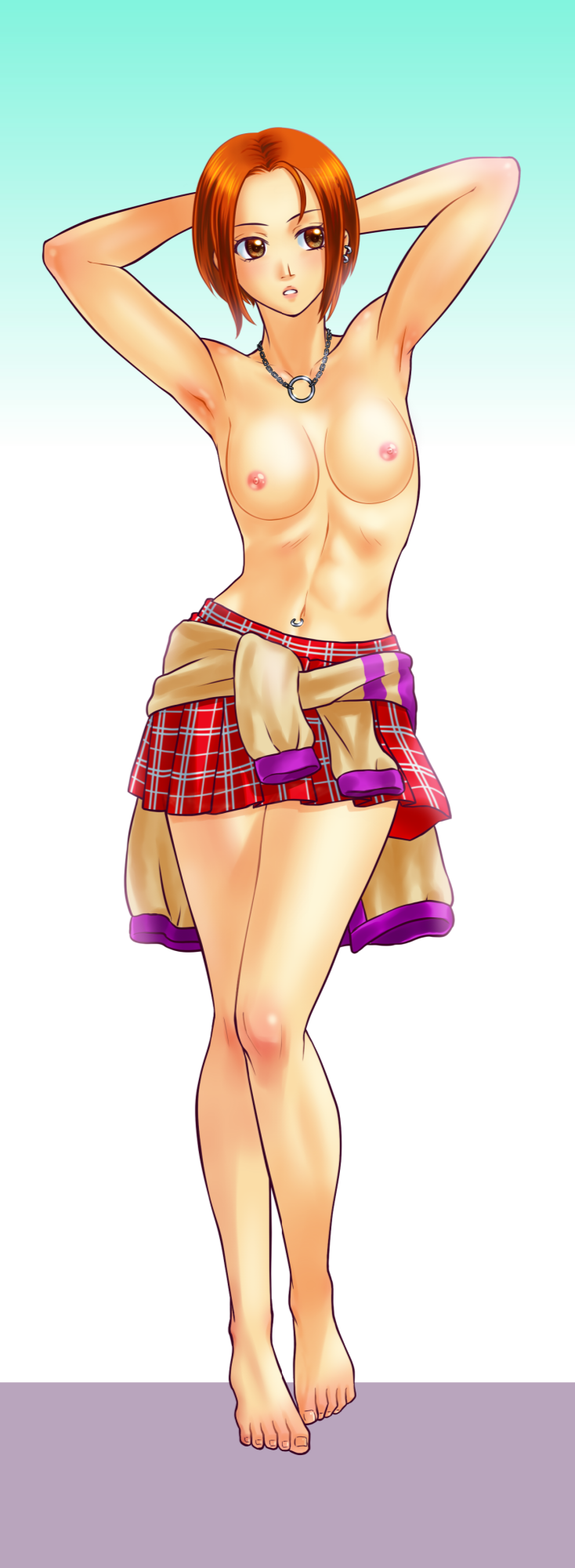 armpits arms_behind_head arms_up junkasumi110 king_of_fighters moe_habana piercing pinup skirt small_breasts small_nipples sweater_around_waist topless topless_female