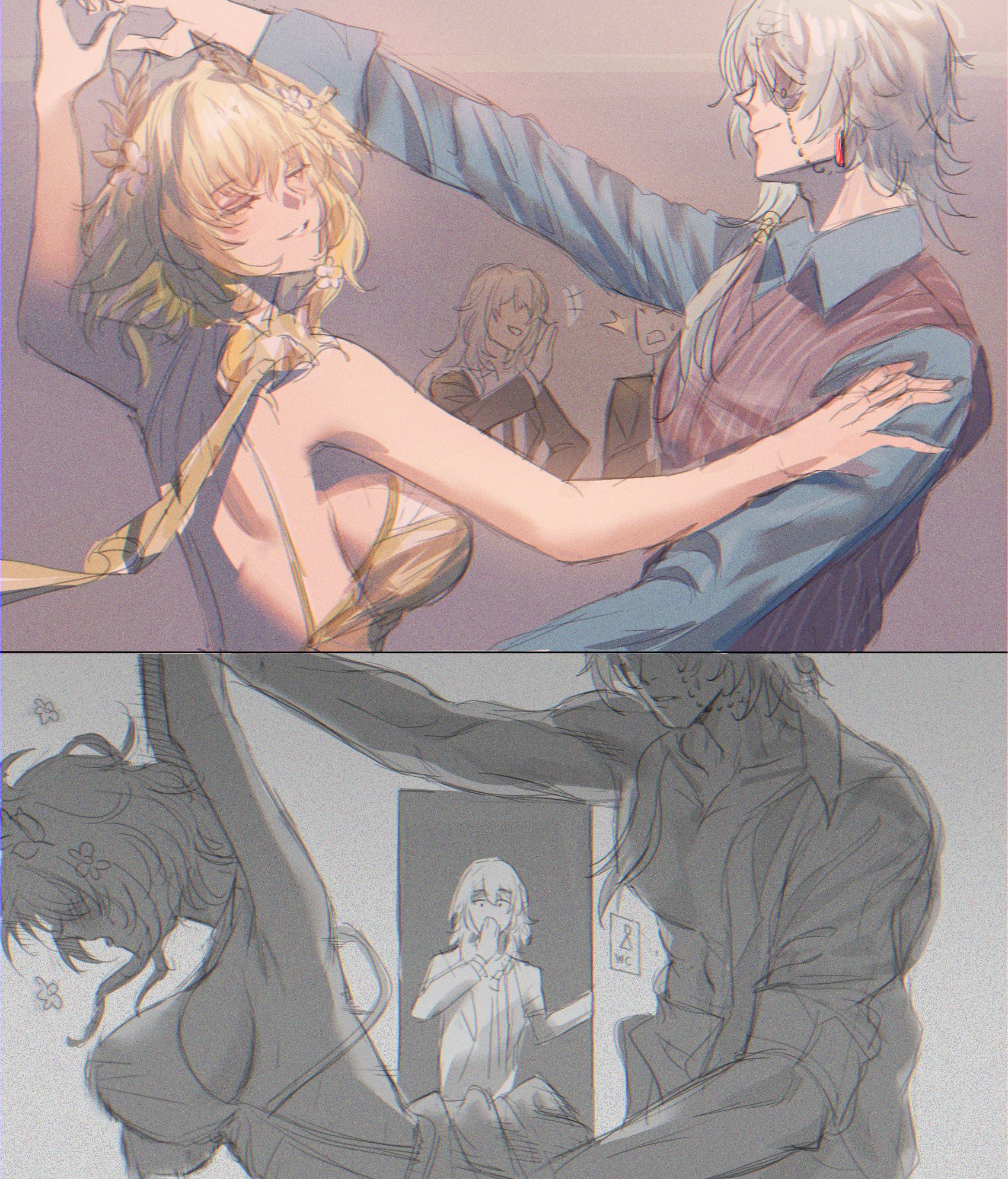1boy, 1girls, aglaea (honkai: star rail), anaxa (honkai: star rail), backshots, boobs bouncing, breasts, breasts bounce, clothed, clothed sex, clothes, clothing, dance, dancing, dominant male, duality, eyepatch, female, gnarlypzofbread, honkai (series), honkai: star rail, hoyoverse, implied penetration, implied sex, instant loss, instant loss 2koma, larger male, male, mihoyo, shorter female, smaller female, submissive female, taller male, tits bouncing, uuyeyu