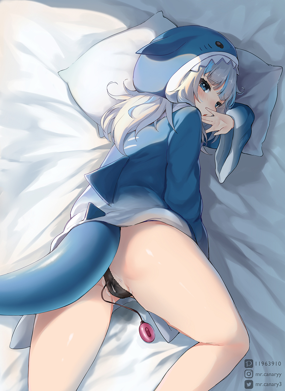 animal_hood artist_name bed black_panties blue_eyes blue_hair blue_hoodie female fins fish_tail gawr_gura gawr_gura_(1st_costume) grey_hair highres hololive hood hood_up hoodie long_hair long_sleeves lying mr.canaryy multicolored_hair on_stomach open_mouth panties sex_toy shark_girl shark_hood shark_tail solo streaked_hair tail thighs underwear vibrator vibrator_under_clothes vibrator_under_panties virtual_youtuber watermark