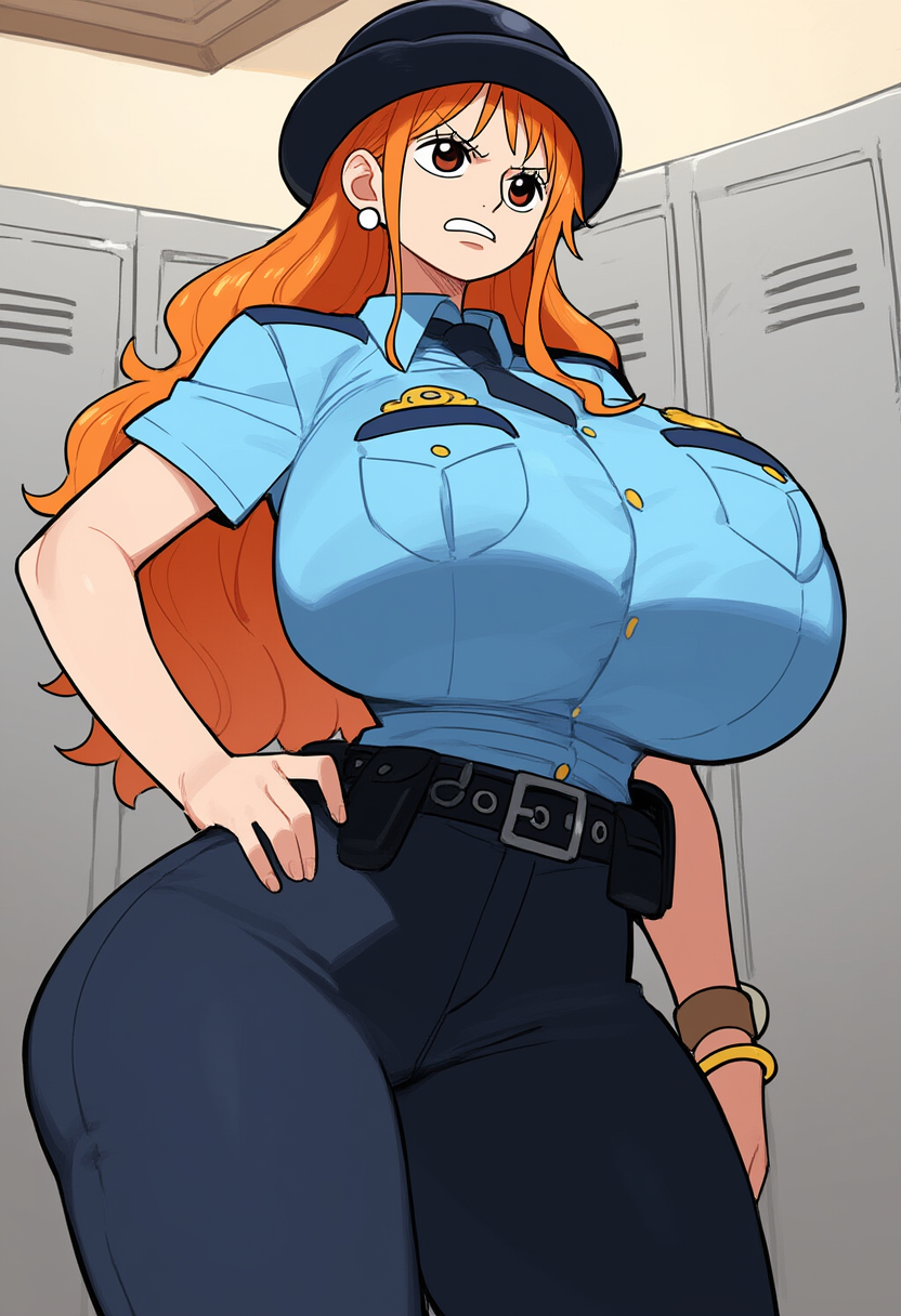 ai_generated annoyed artist_request cop female female_only gigantic_breasts huge_breasts lubbasdump nami nami_(one_piece) one_piece orange_hair police_uniform slacks thick_thighs widescreen