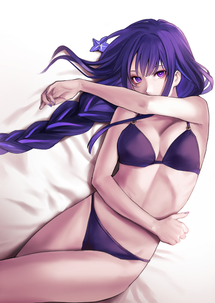 1girls applekun bed_sheet bikini bra cleavage female genshin_impact highres large_breasts light-skinned_female low_ponytail mole mole_under_eye nail_polish on_back on_bed panties ponytail purple_eyes purple_hair raiden_shogun single_braid solo thighs underwear