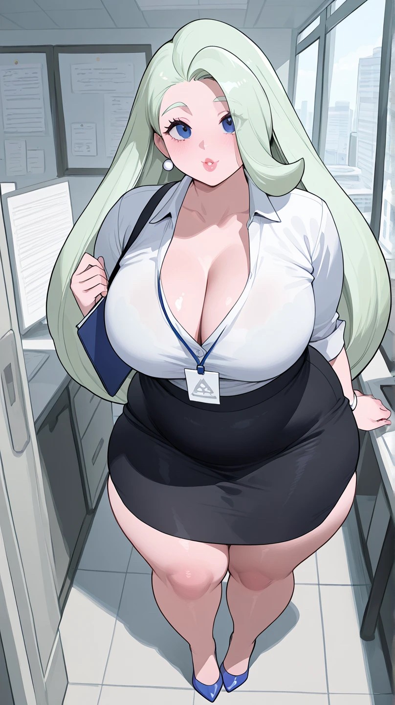 1girls, ai generated, astrawaifu, blue eyes, chubby female, curvy, curvy body, curvy female, curvy figure, female, light skin, light-skinned female, looking at viewer, mature female, melony (pokemon), milf, office clothing, office lady, pokemon, poll winner, solo female, white hair