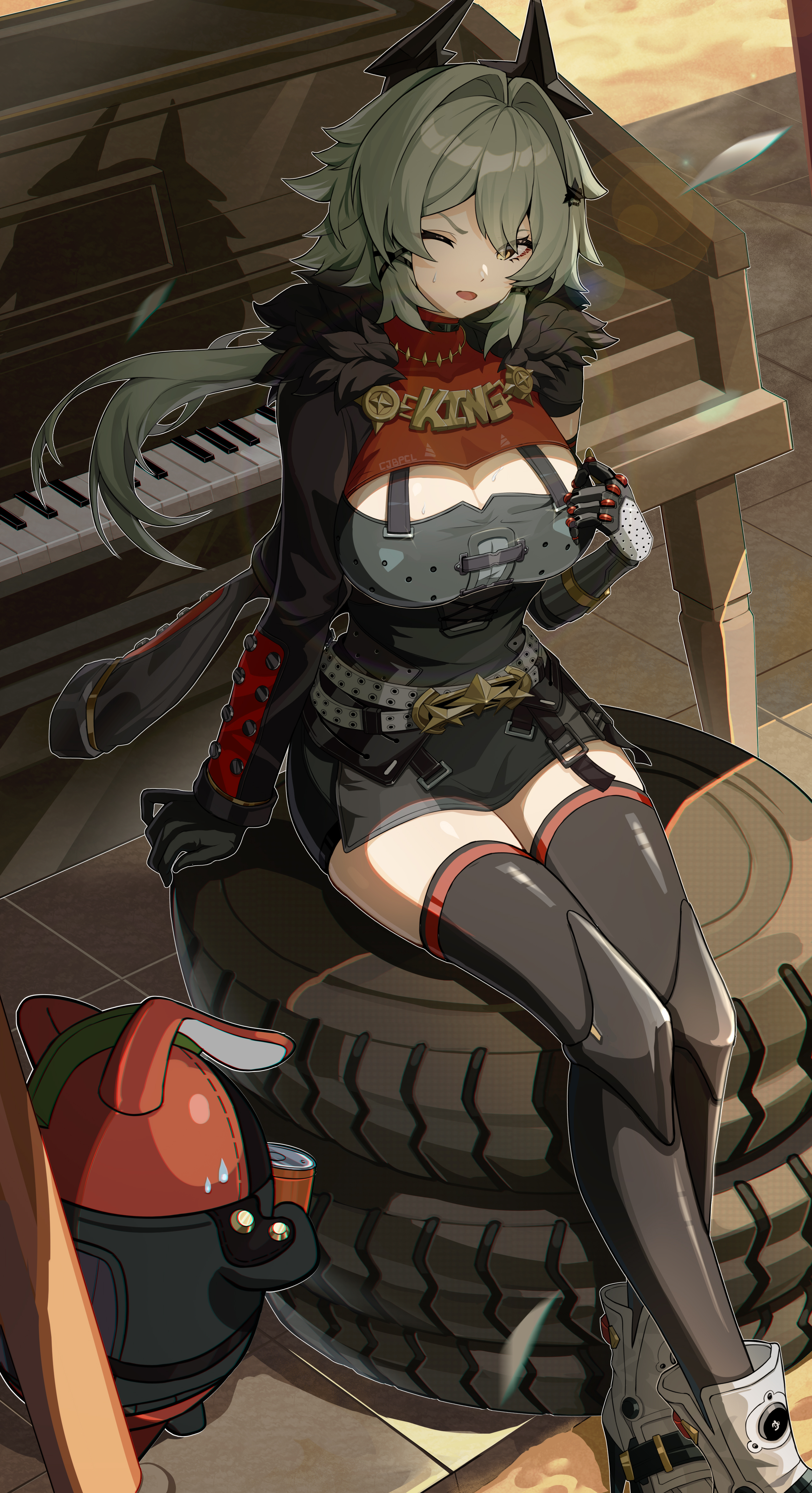 1girls, absurdres, bangboo (zenless zone zero), black gloves, black jacket, black thighhighs, blush, breasts, bupa chila, caesar king, caesar king (zenless zone zero), cleavage, female, female only, fur trim, gloves, grand piano, green hair, hair between eyes, hair intakes, hair ornament, highres, horns, instrument, jacket, large breasts, long hair, looking at viewer, one eye closed, open mouth, piano, sitting, smile, solo, sweat, thighhighs, thighs, unused tire, yellow eyes, zenless zone zero