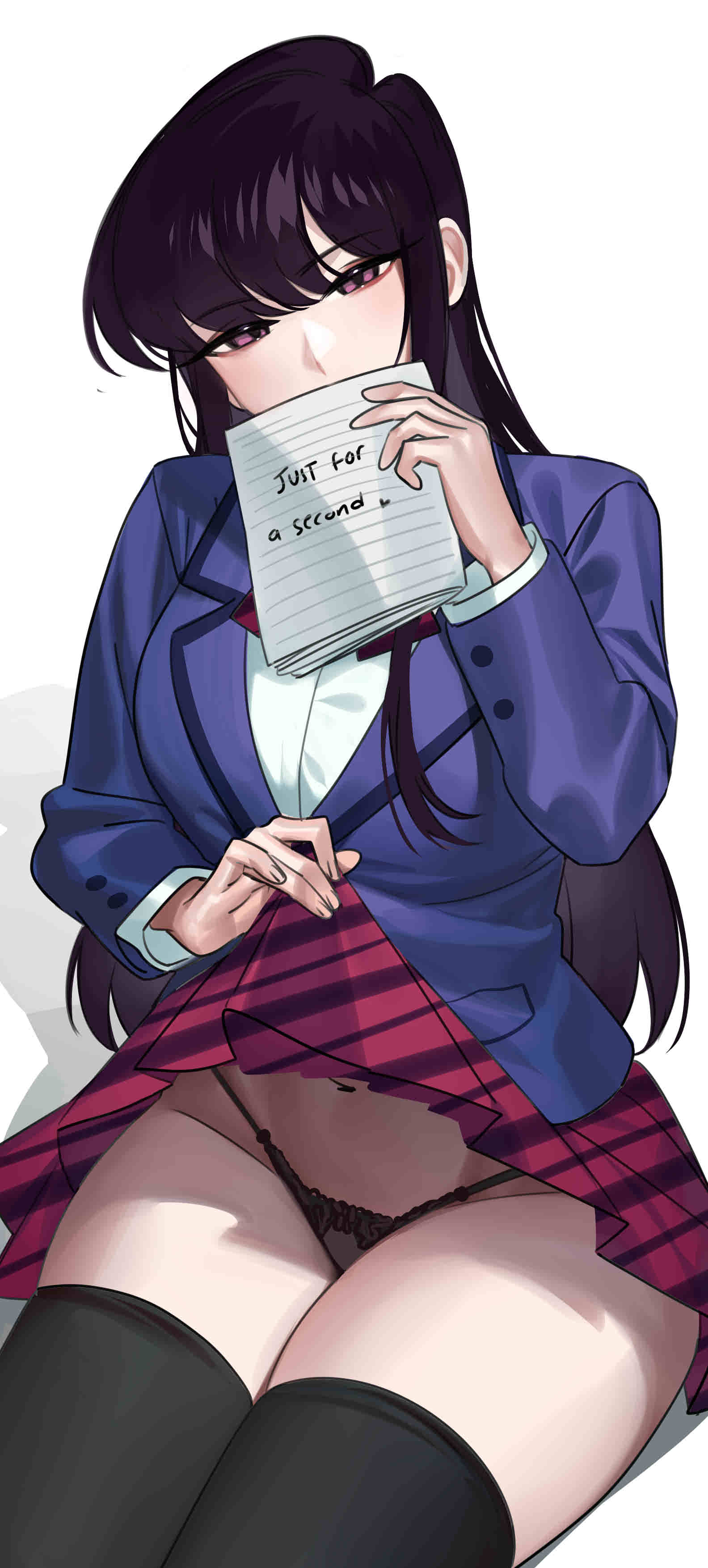 1girls, big breasts, black panties, breasts, eye contact, female, komi shouko, komi-san wa komyushou desu, long hair, looking at viewer, nia (nia4294), nia4294, panties, picot trim, picot trim panties, pov, pov eye contact, sitting, skirt, skirt lift, solo, thick thighs, thighhighs, thighs