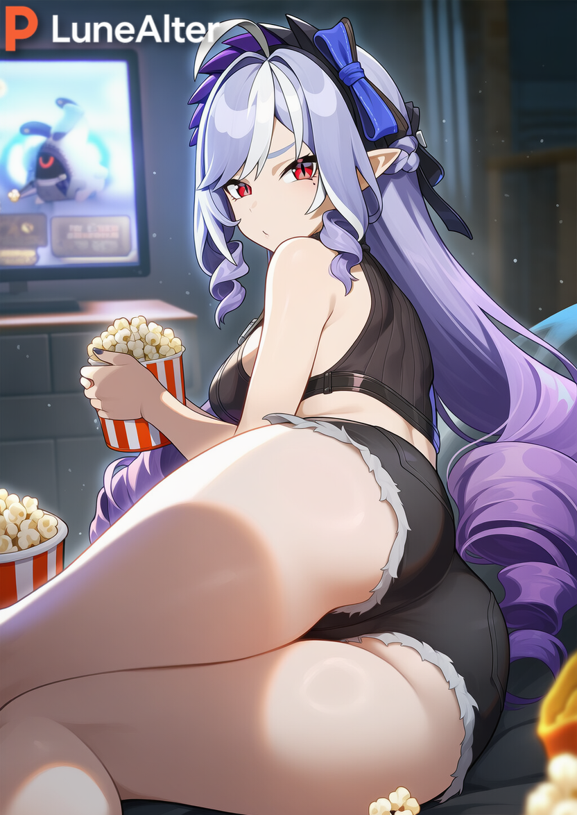 1girls, ai generated, ass, ass focus, big ass, big breasts, big butt, big thighs, black shorts, black topwear, eating, female, female focus, female only, hoyoverse, laying down, long hair, looking at viewer, lunealter, mature female, mihoyo, movie, night, pale skin, pale-skinned female, popcorn, purple hair, red eyes, sfw, thick ass, thick butt, thick hips, thick legs, thick thighs, vivian banshee, zenless zone zero
