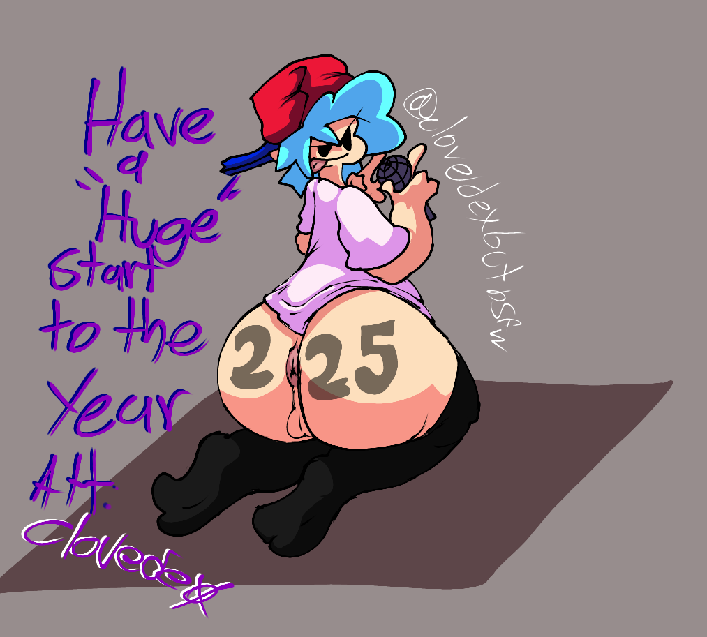 2025 anus ass ass_bigger_than_head back_view boyfriend_(friday_night_funkin) clovedex_(artist) femboy femboyfriend friday_night_funkin gay gay_male happy_new_year hay male male_only microphone no_panties no_pants simple_background socks tongue tongue_out