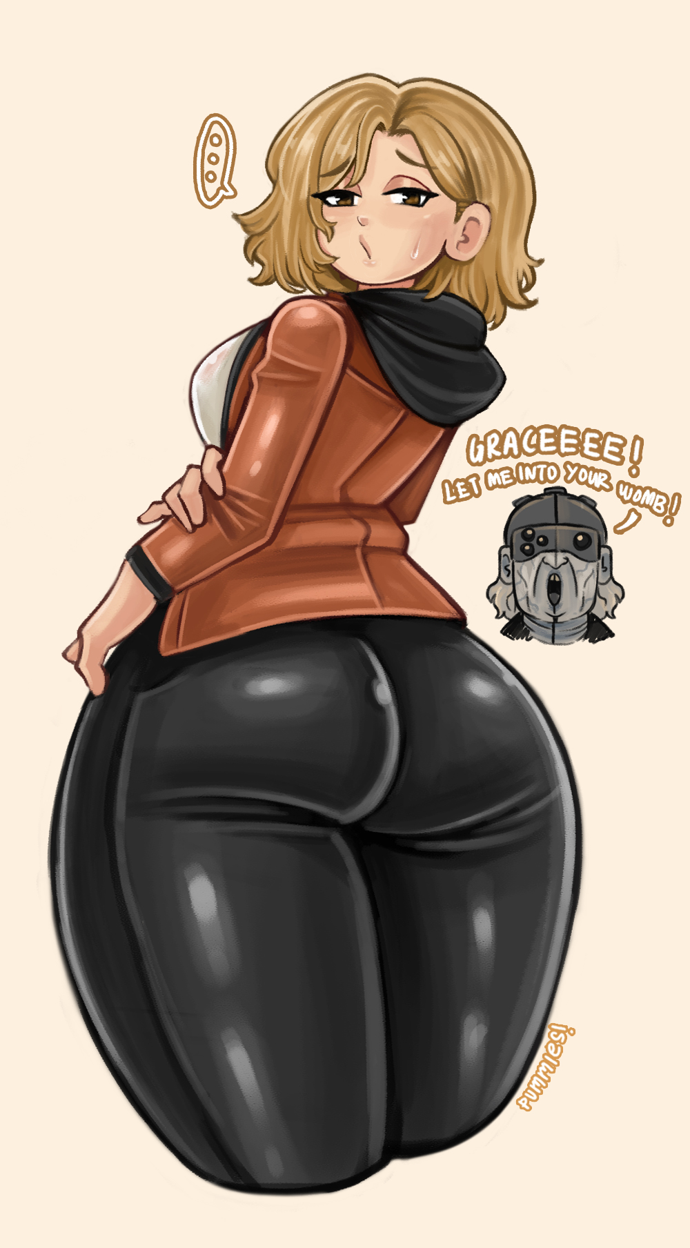 ... 1boy 1girls 2d back_view big_ass big_breasts big_thighs biohazard black_pants blonde-haired_female blonde_female blonde_hair blonde_hair_female capcom clothed clothed_female dialogue female female_focus goggles goggles_on_head grace_ashcroft grey_hair grey_skin hand_on_arm hand_on_own_arm hoodie huge_thighs leather_jacket looking_at_viewer looking_back male pummies resident_evil resident_evil_9:_requiem short_hair shy shy_expression simple_background sweatdrop text text_bubble thick_ass thick_legs thick_thighs victor_gideon video_games wavy_hair white_shirt