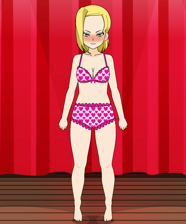 android_18 blush bra bra_and_panties dragon_ball dragon_ball_super dragon_ball_z embarrassed embarrassed_underwear_female heart_bra heart_panties heart_print_bra heart_print_panties heart_print_underwear heart_underwear kisekae masterwedgier on_stage panties underwear