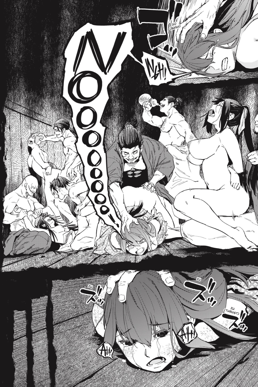 4girls, 6boys, against wall, arm grab, ass, big breasts, bouncing breasts, bound, bound wrists, breasts, bruise, clothed sex, completely nude, crying, defeated, dialogue, doggy style, empty eyes, female, female penetrated, female rape victim, forced, gangrape, group sex, hair grab, head down ass up, head grab, hinowa ga crush!, large breasts, long hair, male, male penetrating, male penetrating female, manga, mass rape, missionary position, monochrome, mostly nude, motion lines, multiple boys, multiple females, multiple girls, multiple males, nipples, nude, official art, on floor, open mouth, orgy, partially clothed, party wipe, pinned, pussy, rape, restrained, reverse upright straddle, rough sex, screaming, sex, sex from behind, sexual assault, short hair, spoils of war, standing sex, tears, thrusting, twintails, vaginal penetration, vaginal sex