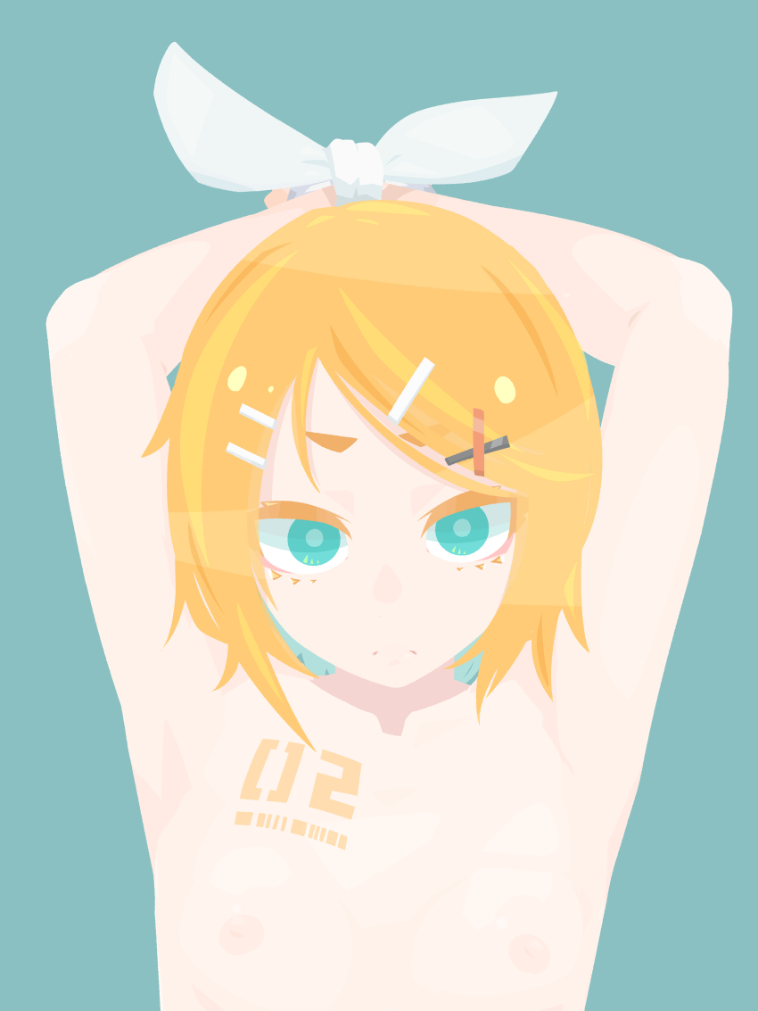 absurdres, armpits, arms up, blonde hair, blue background, blue eyes, bow, chest tattoo, closed mouth, commentary request, completely nude, female, flat chest, frown, hair ornament, hairbow, hairclip, hara id 21, highres, kagamine rin, looking at viewer, nipples, no lineart, nude, number tattoo, short hair, simple background, solo, swept bangs, tattoo, upper body, vocaloid, white bow