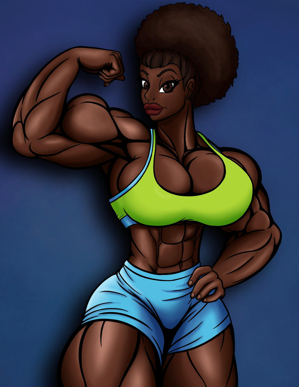 abs african african_female afro biceps big_breasts big_lips black breasts buff_female dakota_(tomkat96) dark-skinned_female flexing forearms gym_clothes large_breasts muscular muscular_arms muscular_female posing quads sexy short_shorts sports_bra thick_thighs tomkat96