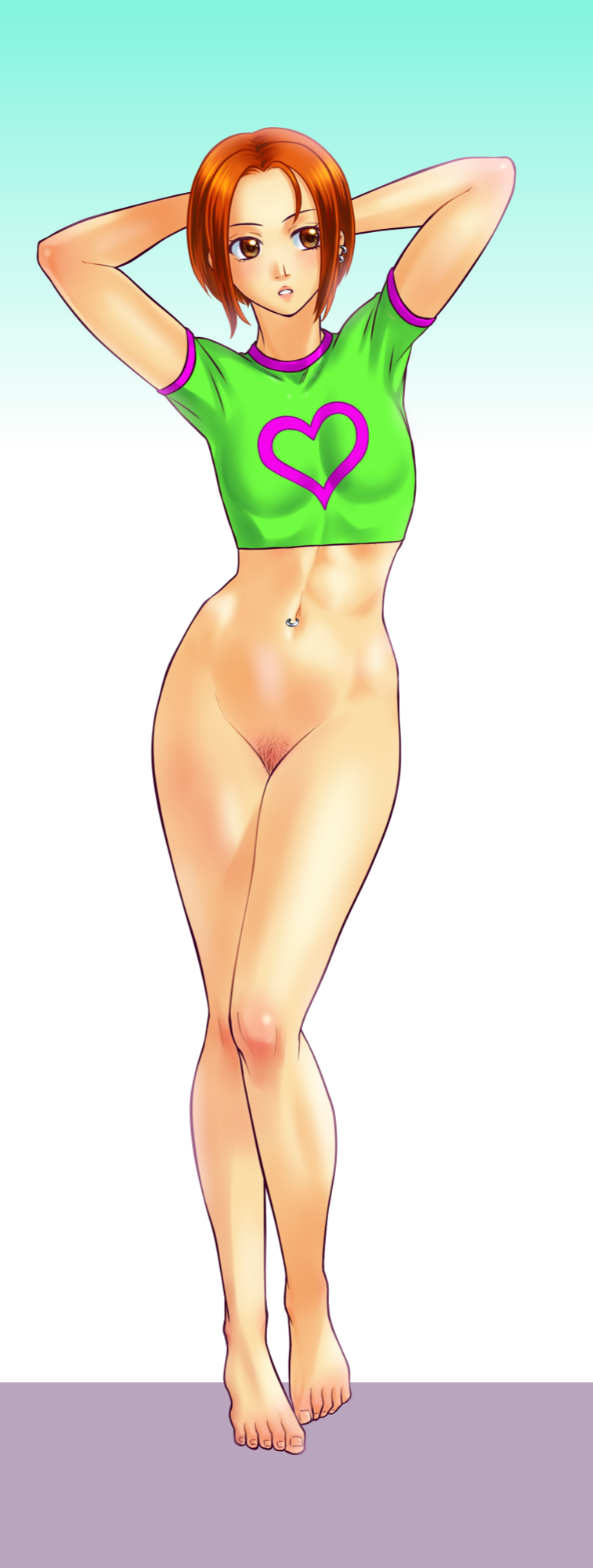 arms_behind_head arms_up bottomless bottomless_female brown_hair female_focus female_only green_shirt junkasumi110 king_of_fighters moe_habana piercing pinup pubes pubic_hair short_hair small_breasts