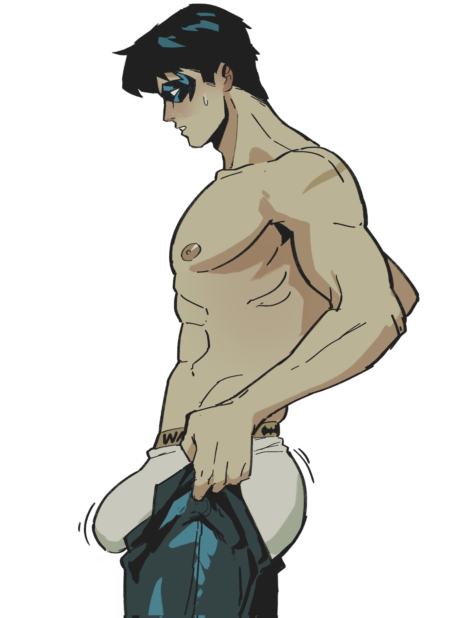 abs, bara, batman (series), biceps, big bulge, bulge, dc comics, dick grayson, gay, gay male, male, male nipples, male only, masculine male, muscular, muscular male, nightwing, nipples, pecs, tight pants (meme), toumaart, underwear, white background, yaoi