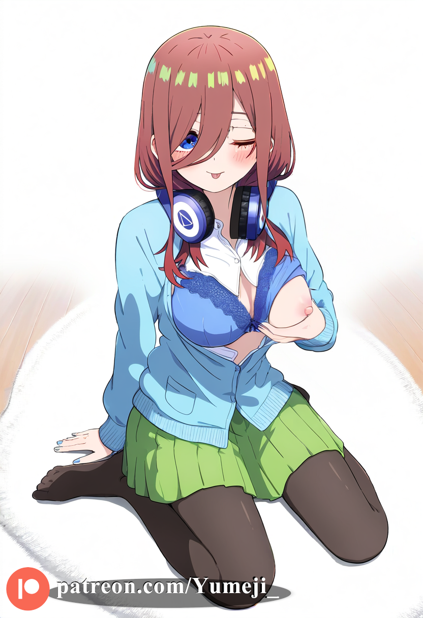 ai_generated blue_eyes blush bra breasts brown_hair closed_eyes go-toubun_no_hanayome hand_on_breast headphones nakano_miku open_clothes tights tongue_out yumeji_