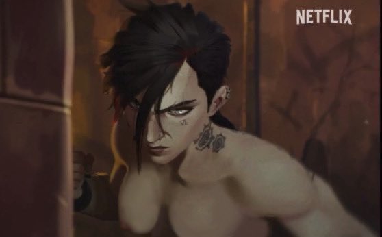 angry_face arcane arcane_vi black_hair boxing breasts_out dyed_hair exposed_breasts fist muscular_female nipples red_hair screenshot_edit topless topless_female