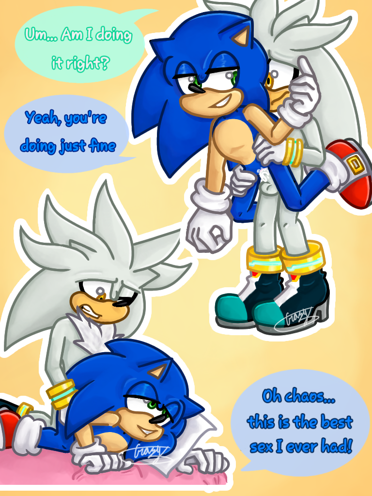 blue_fur cuntboy cuntboy_penetrated dialogue_bubble doggy_style duo fur genital_fluids green_eyes grey_fur intersex male/male male_only pillow sheet_grab silver_the_hedgehog simple_background sonic_the_hedgehog